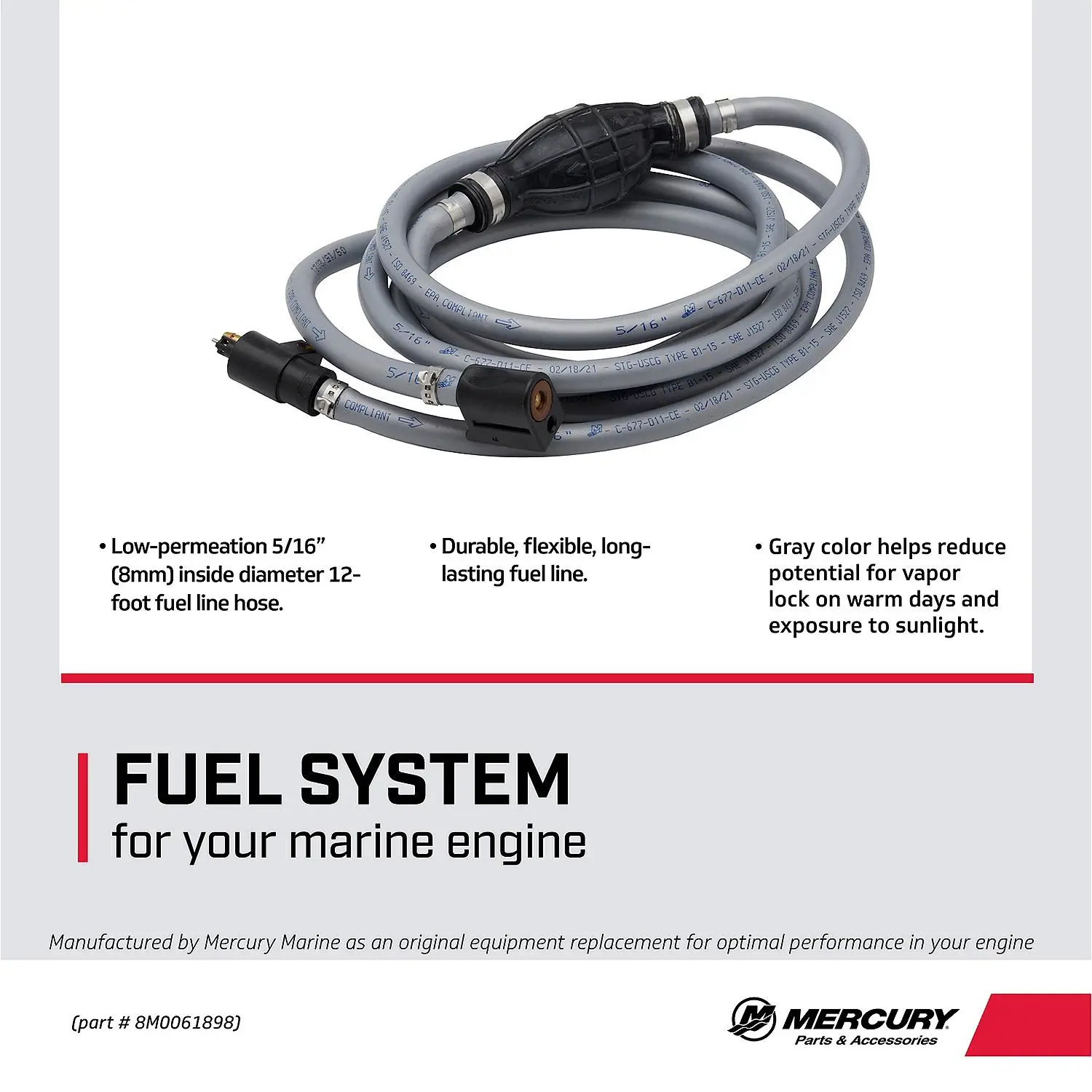 Mercury Fuel Line Assembly 8M0061898 for 2011 Pressurized 6.6-Gallon Fuel Tanks  – 12 Feet