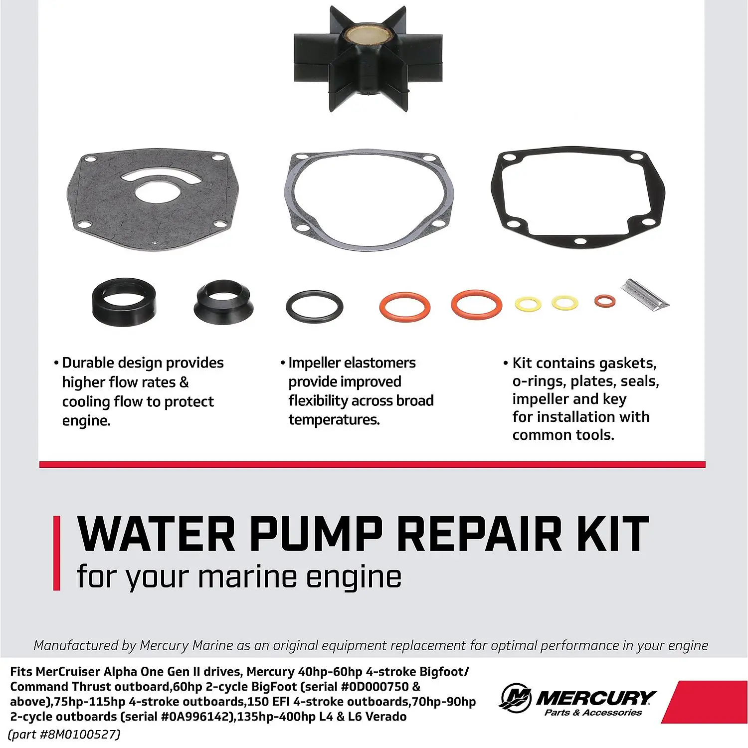 Mercury Water Pump Repair Kit 8M0100527 for Mercury or Mariner Outboards and MerCruiser Sterndrives