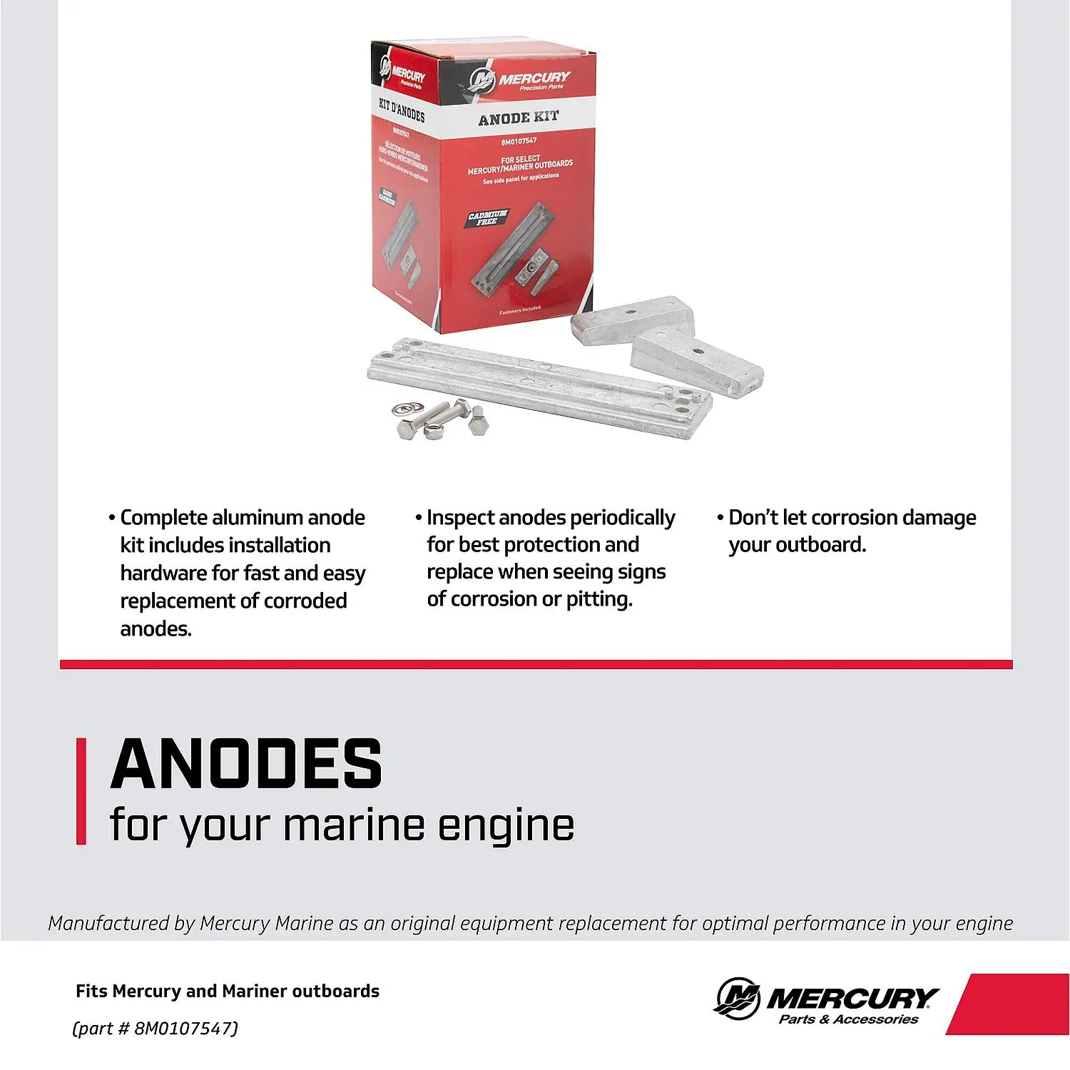 Mercury Aluminum Anode Kit 8M0107547 for Select Mercury and Mariner 40-115hp FourStroke Outboards - Image 2