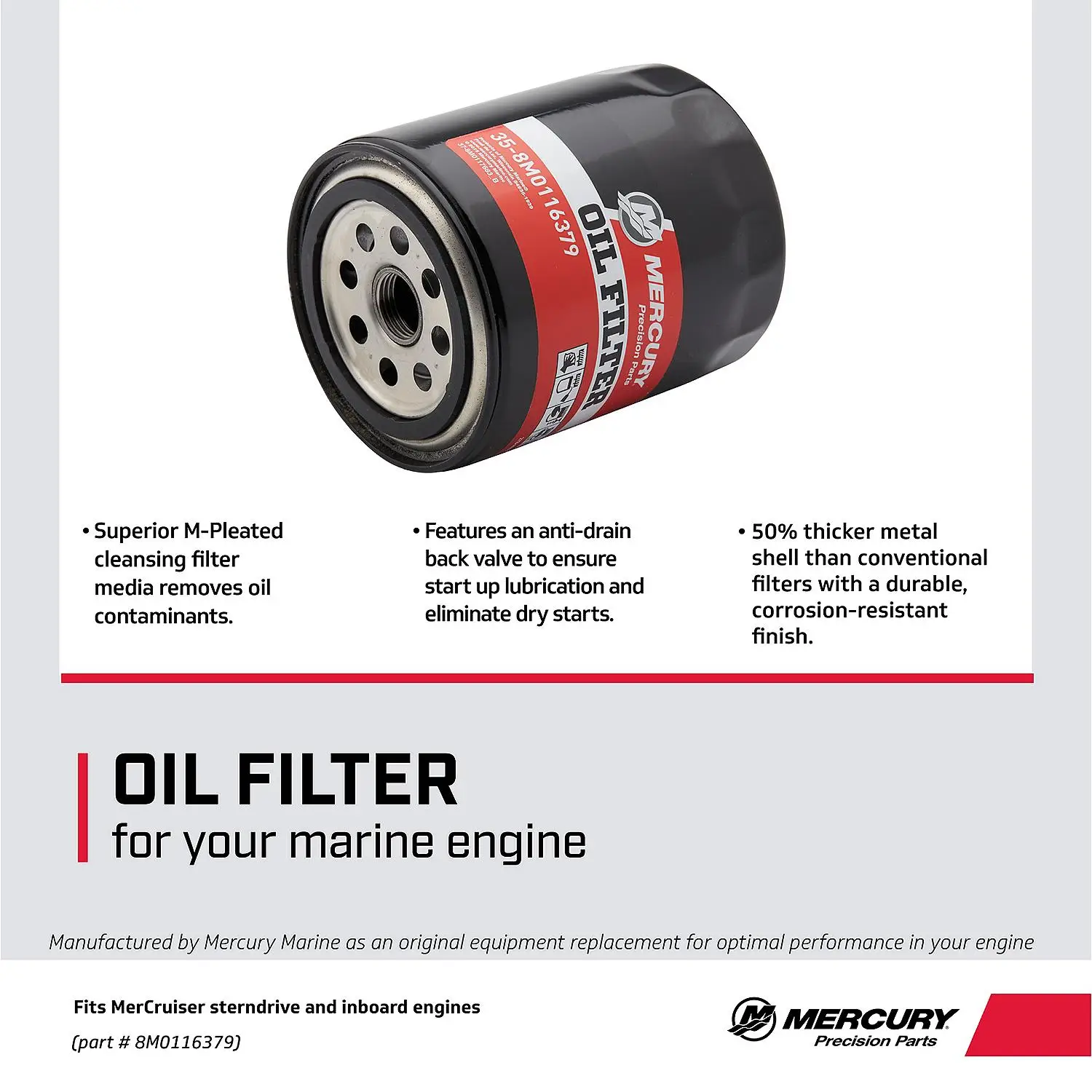 Mercury Oil Filter 8M0116379 for MerCruiser Sterndrive and Inboard Engines by Ford