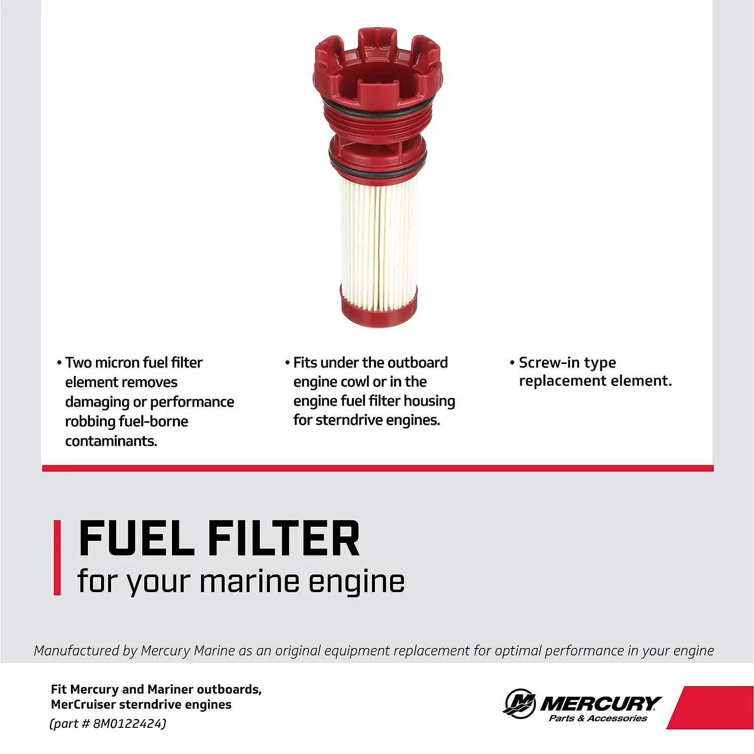 Mercury Replacement On Board Fuel Filter 8M0122424 for Mercury 135-200hp L4 Verado, L6 200‑300hp Verado, and 1.5L and 3.0L DFI Outboards