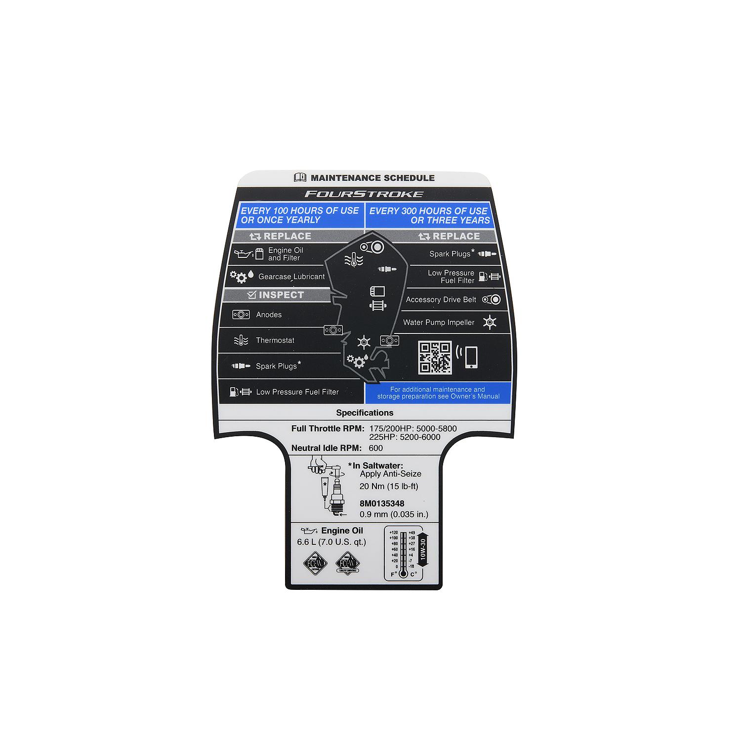 Mercury Maintenance Schedule Decal 8M0142526 for 3.4L V6 175-225hp FourStroke Outboards