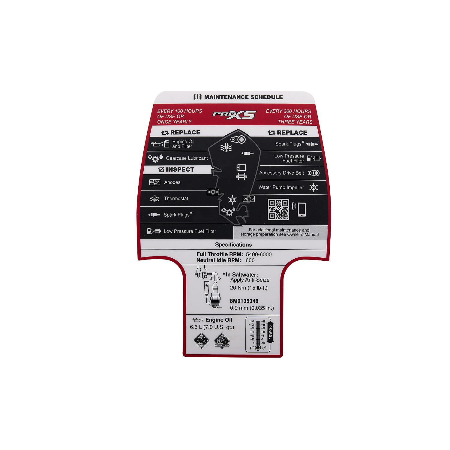 Mercury Maintenance Schedule Decal 8M0142540 for Mercury 3.4L V6 175hp Pro XS Outboards.