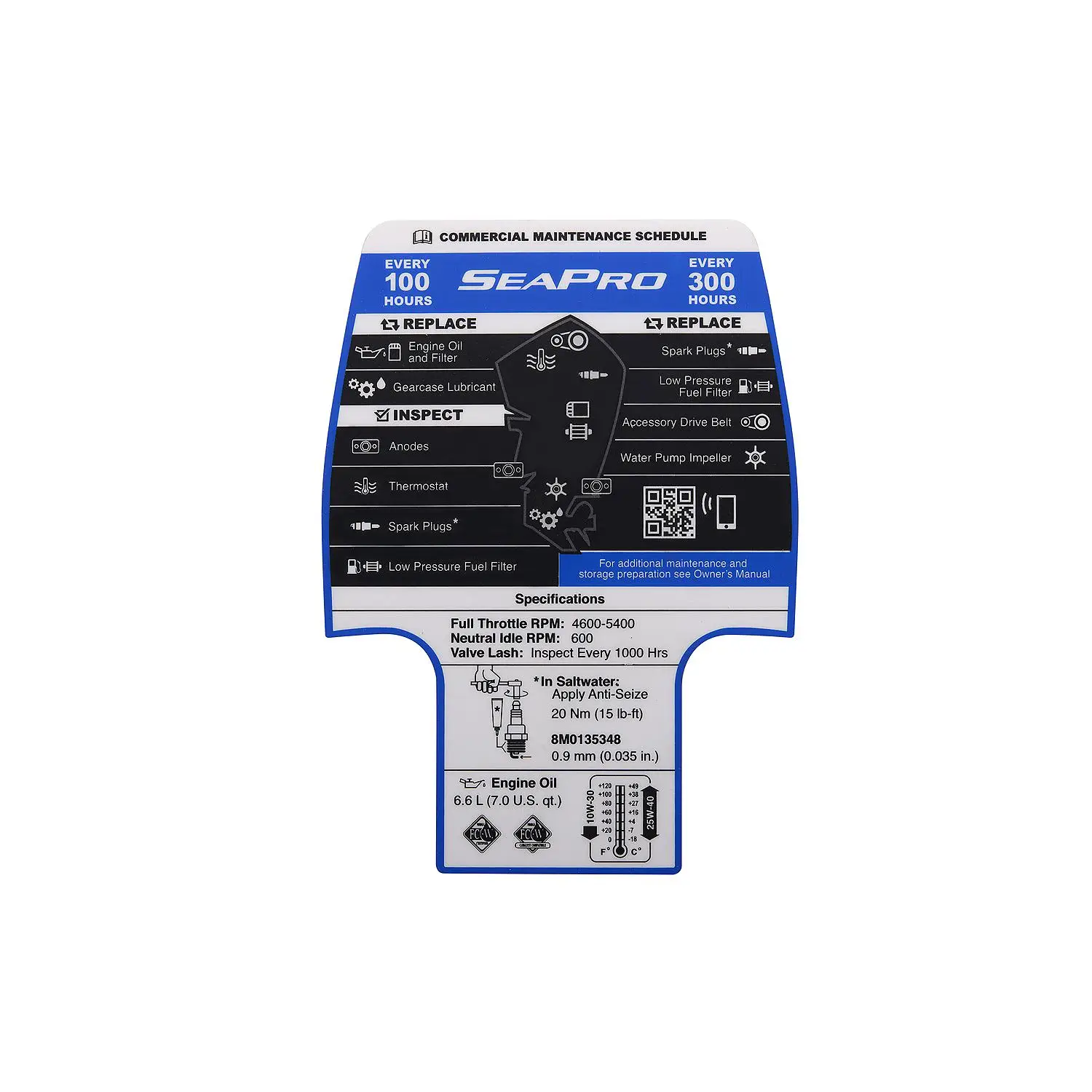 Mercury Maintenance Schedule Decal 8M0148534 for 3.4L V6 200hp SeaPro Outboards