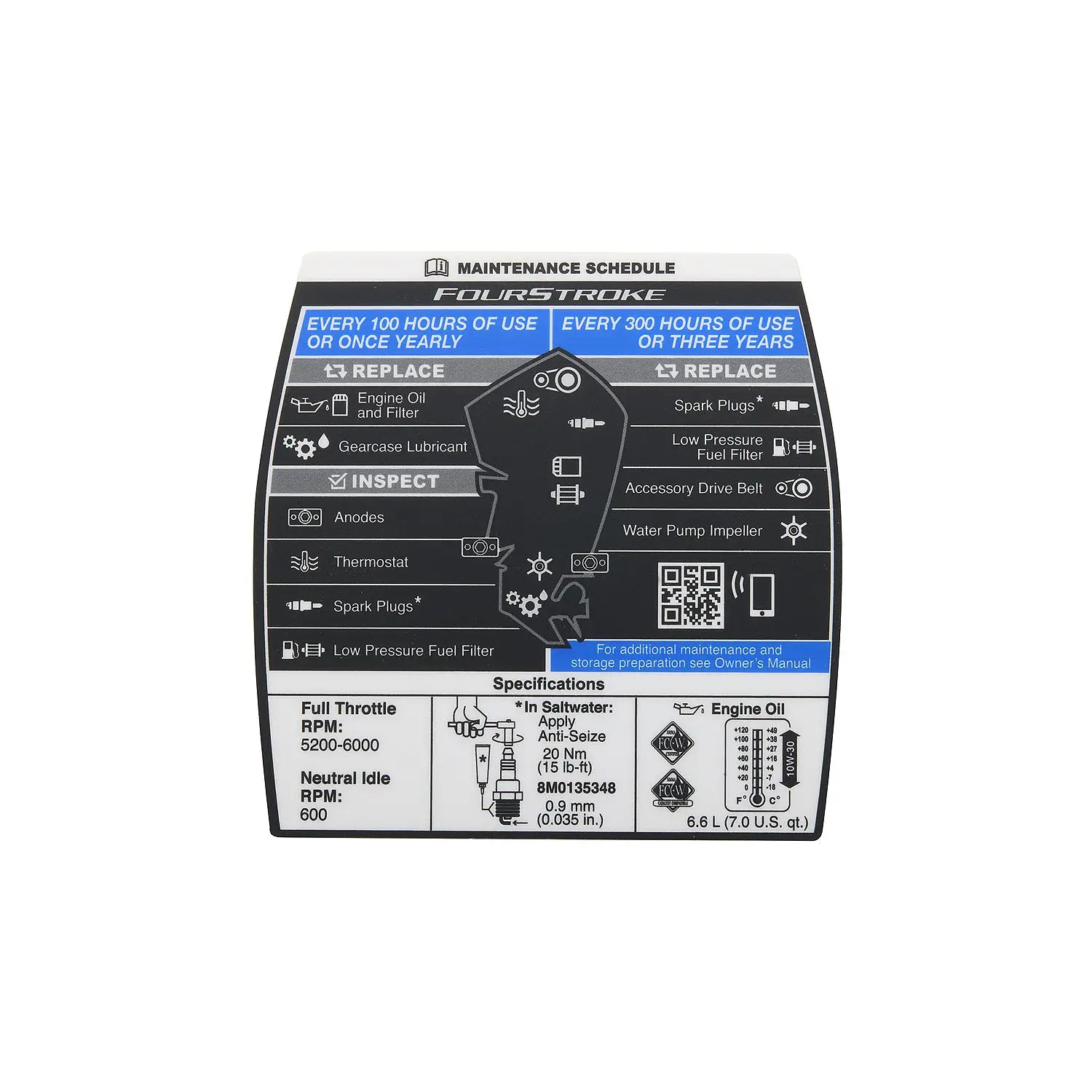 Mercury Maintenance Schedule Decal 8M0148536 for 4.6L V8 250-300hp FourStroke and Verado Outboards