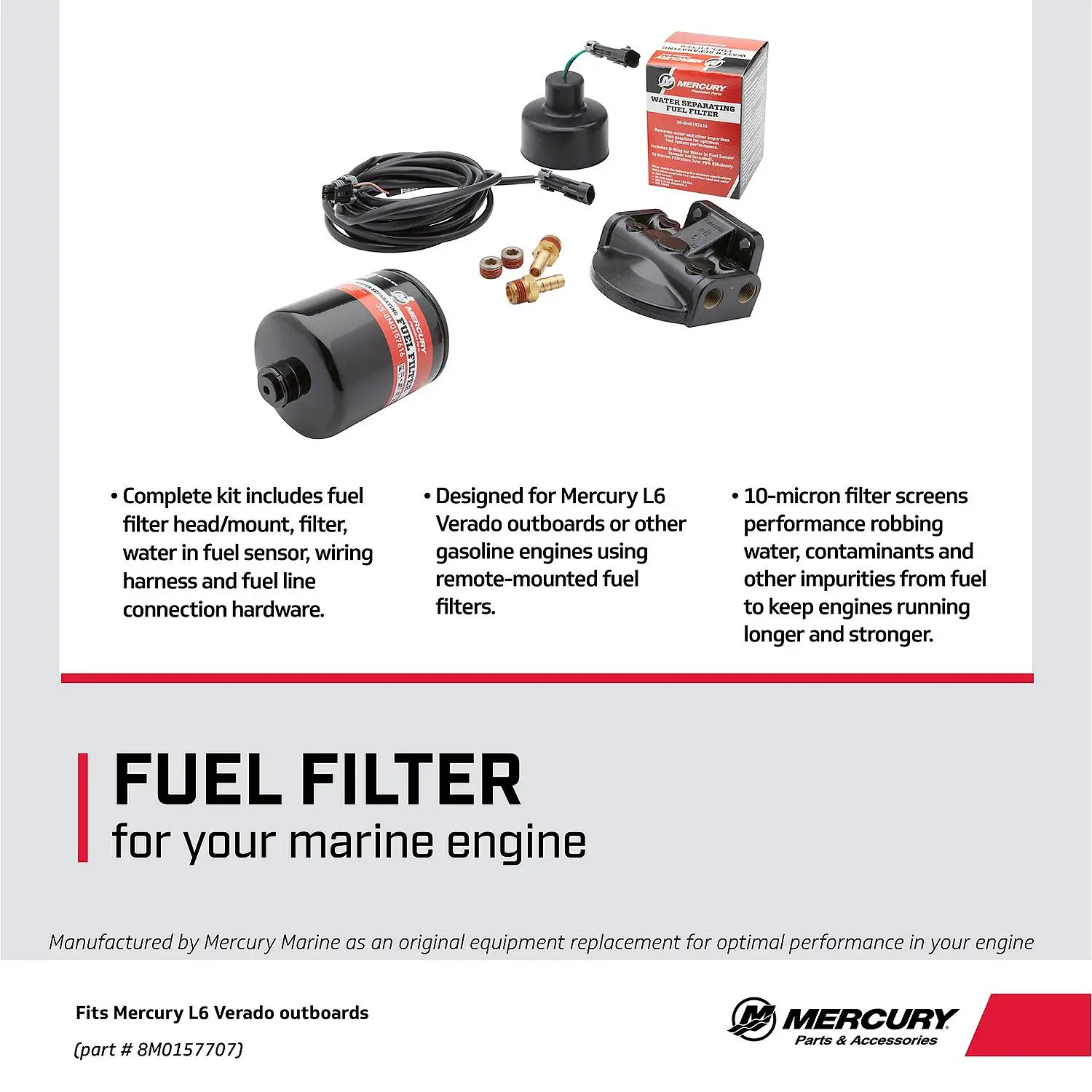 Mercury Water Separating and Sensing Fuel Filter Kit 8M0157707 for Select Mercury L6 Verado Outboards