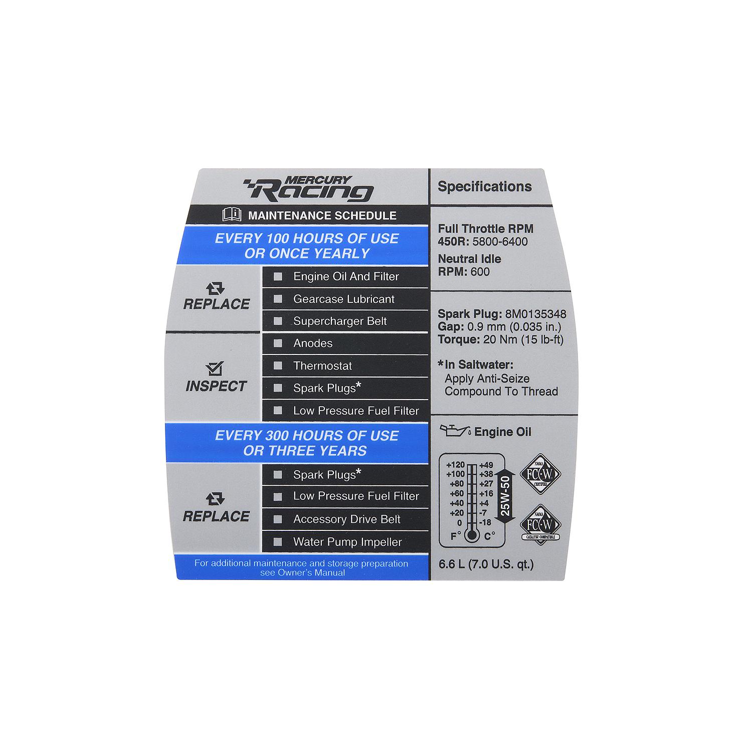Mercury Maintenance Schedule Decal 8M0159602 for Mercury Racing 4.6L V8 450R Outboards