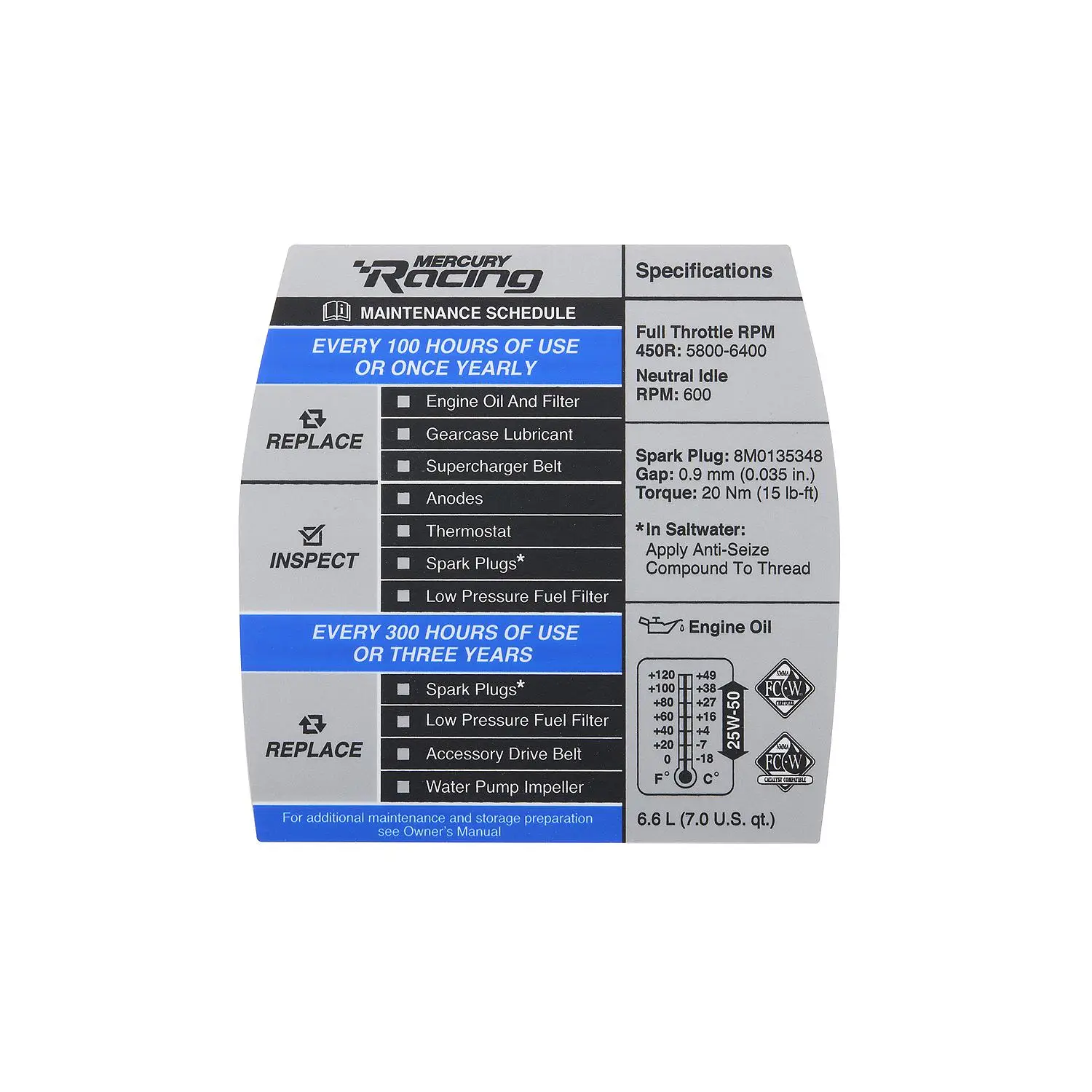 Mercury Maintenance Schedule Decal 8M0159602 for Mercury Racing 4.6L V8 450R Outboards