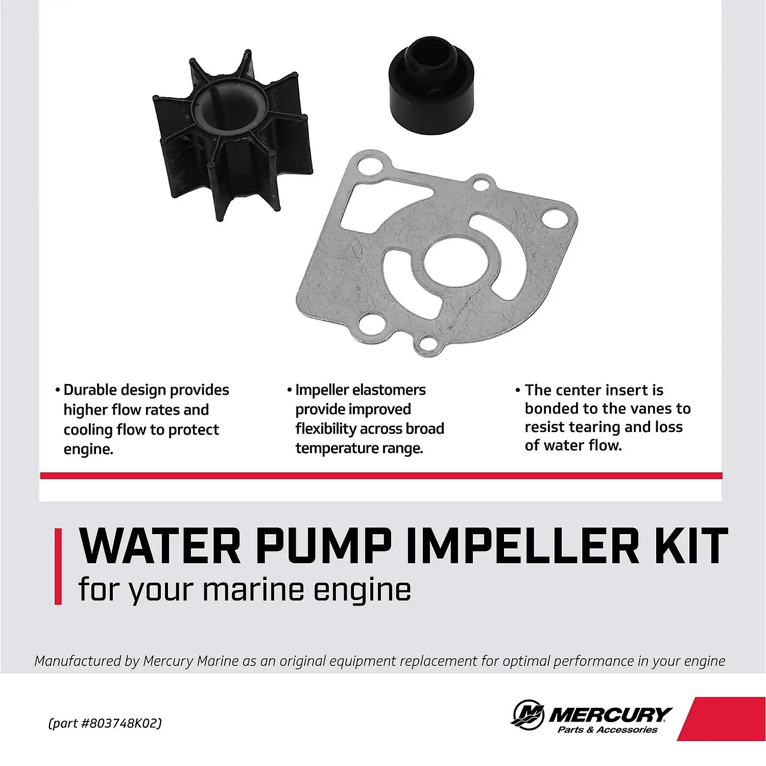 Mercury Water Pump Impeller Repair Kit 803748K02 for Mercury 8 and 9.9hp FourStroke with BigFoot/Command Thrust Gearcase