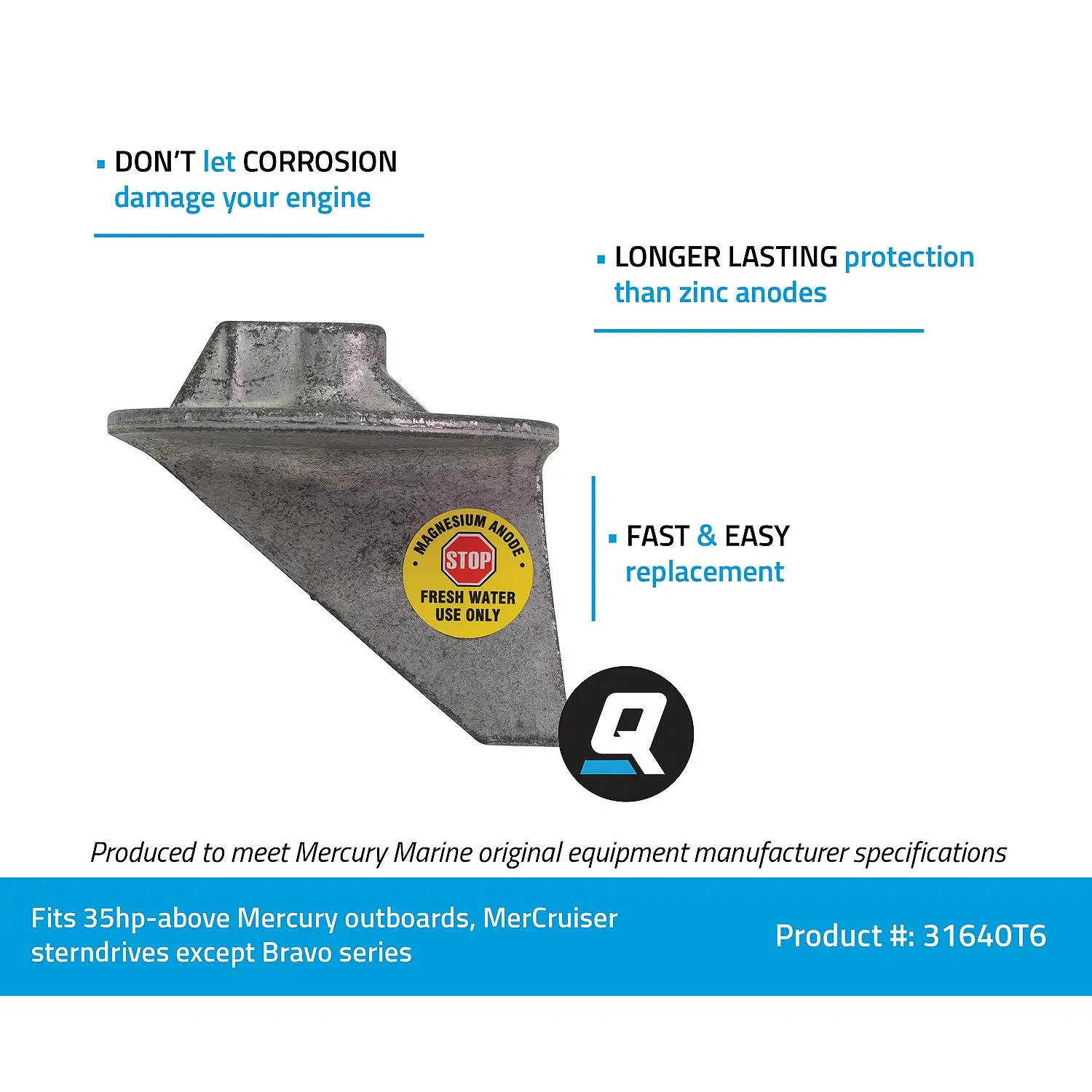 Quicksilver 31640T6 Magnesium Anode for Mercury, Mariner Outboards, MerCruiser Sterndrives - Image 2