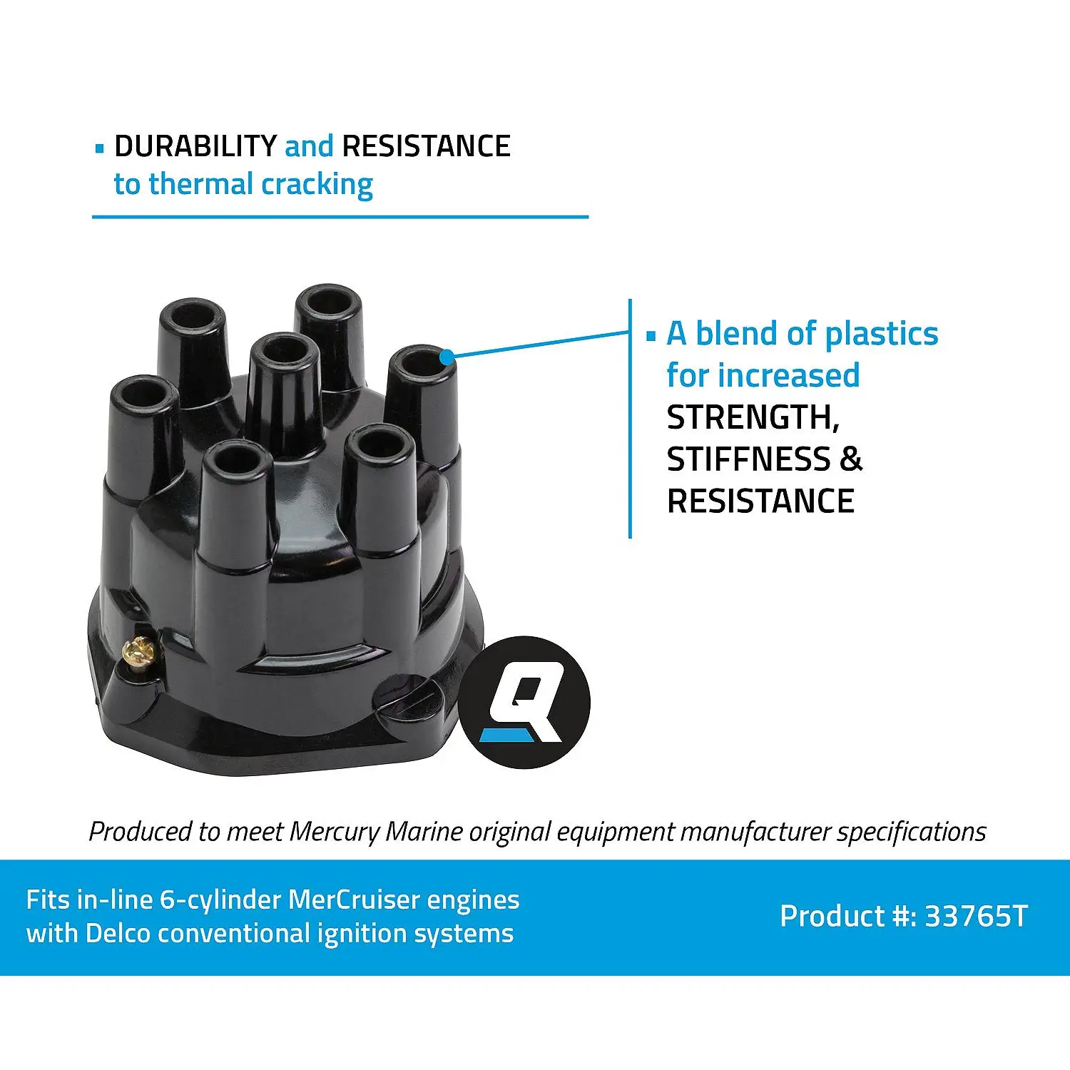 Quicksilver 33765T Distributor Cap for Marinized 6-Cylinder General Motors Inline Engines w/ Delco Conventional Ignition Systems - Image 2