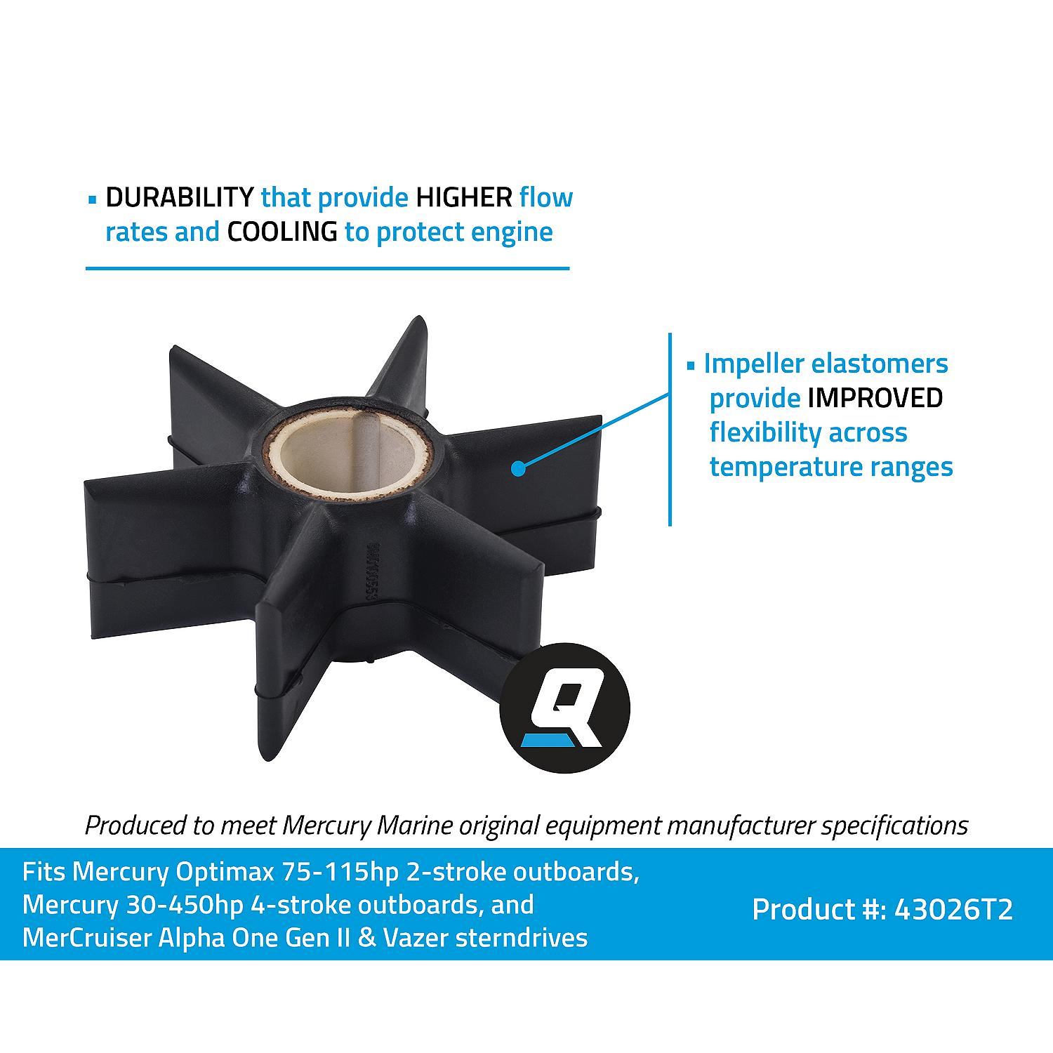 Quicksilver 43026T2 Water Pump Impeller for OEM Mercury 75-115hp OptiMax Outboards and 30-450hp 4-Stroke Outboards, and MerCruiser Alpha One Gen II/Vazer Sterndrives