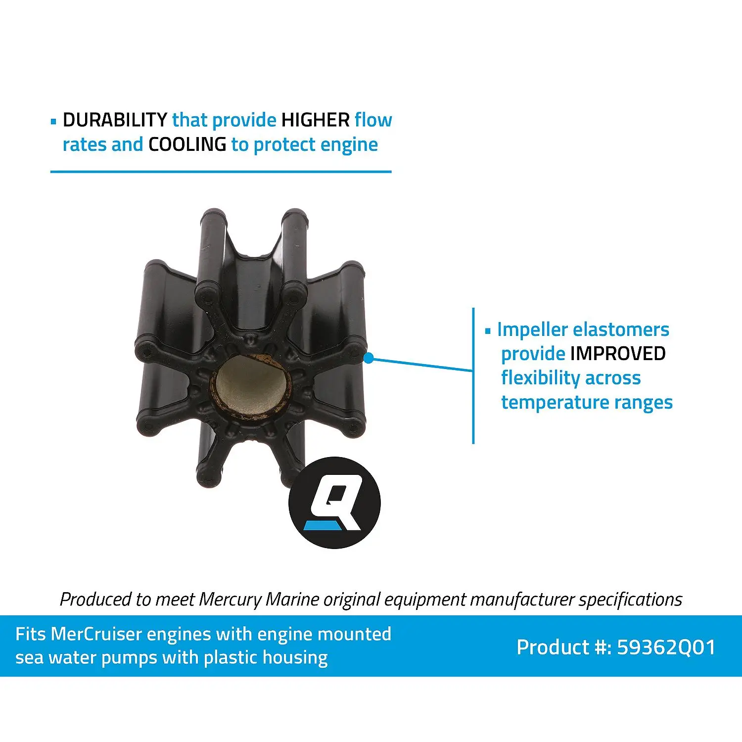 Quicksilver 59362Q01 Sea Water Pump Impeller for MerCruiser Engines w/ Engine Mounted, 2-Piece, Plastic Housing - Image 5