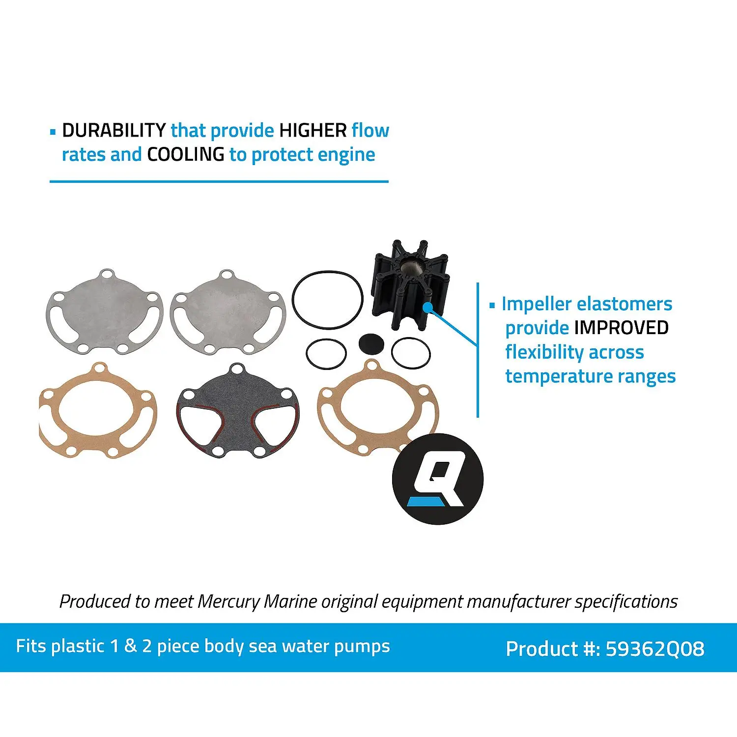 Quicksilver 59362Q08 Sea Water Pump Impeller Replacement Kit for Bravo I, II and III w/ 2-Piece Pump Body - Image 4