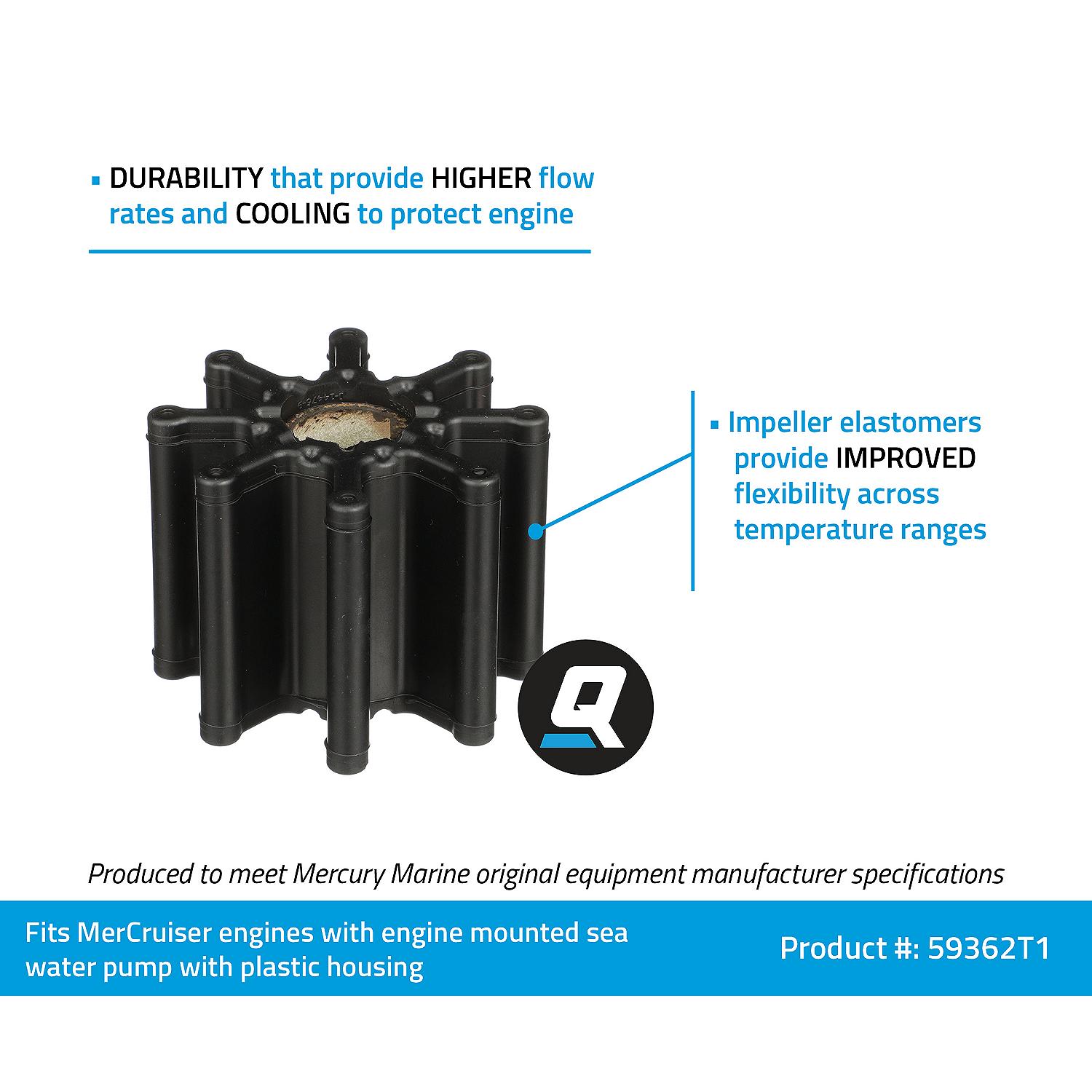 Quicksilver 59362T1 Water Pump Impeller for MerCruiser Engines w/ Engine Mounted Sea Water Pumps w/ a Plastic Housing
