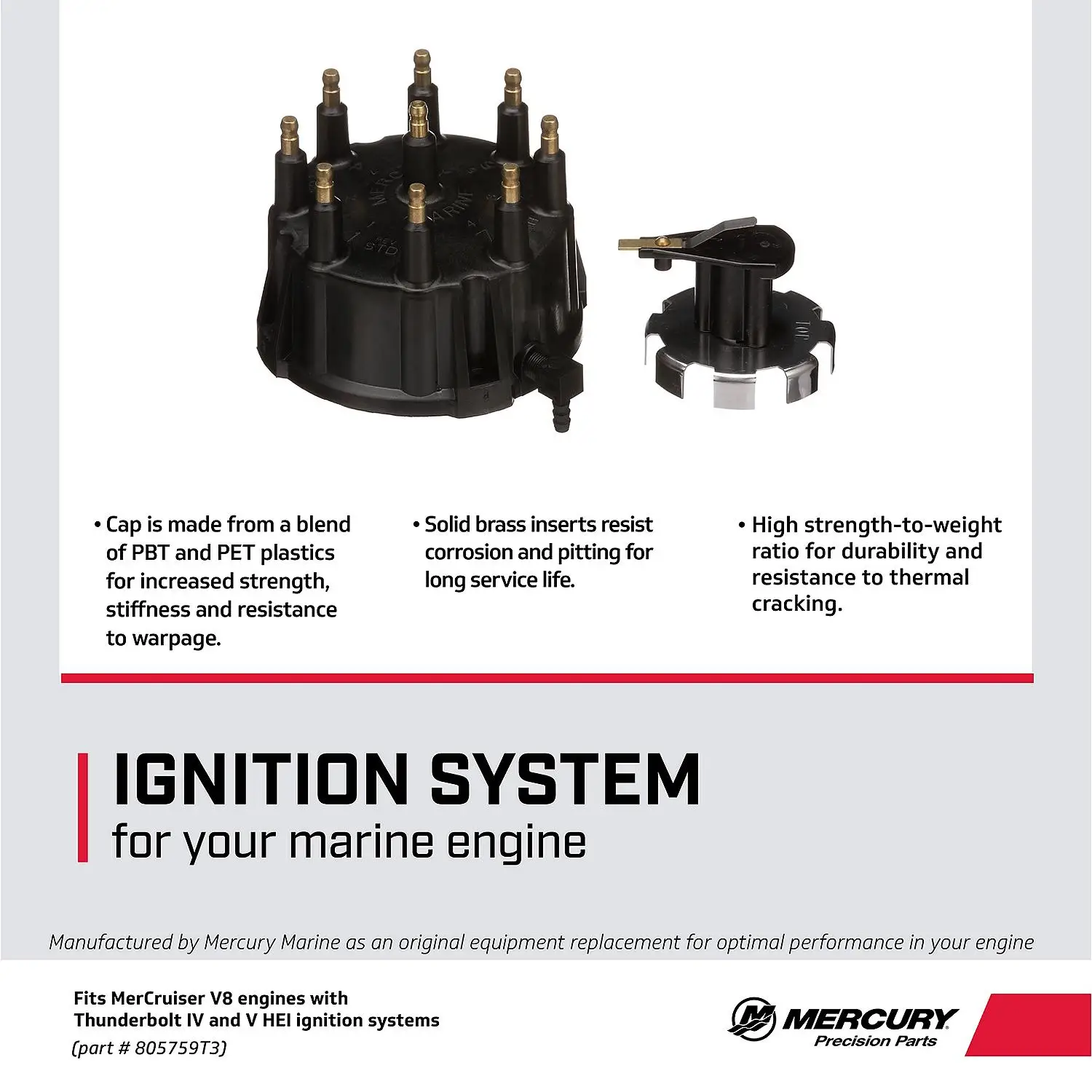 Mercury Cap and Rotor Kit 805759T3 for Marinized GM V8 Engines with Thunderbolt IV and V HEI Ignition Systems