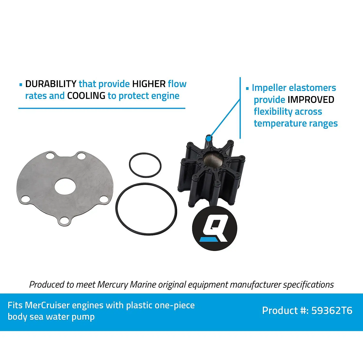 Quicksilver 59362T6 Sea Water Pump Impeller Replacement Kit for MerCruiser Engines w/ One-Piece Pump Body