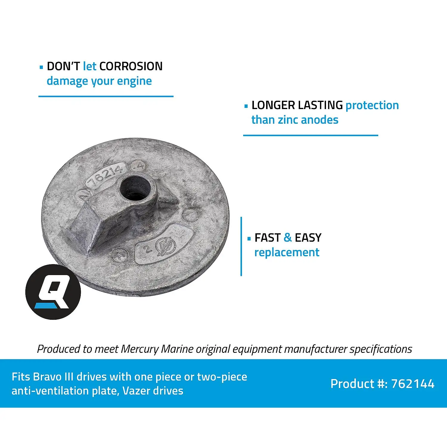 Quicksilver 762144 Aluminum Anode Plate for Select Bravo III and Vazer Drives - Image 2