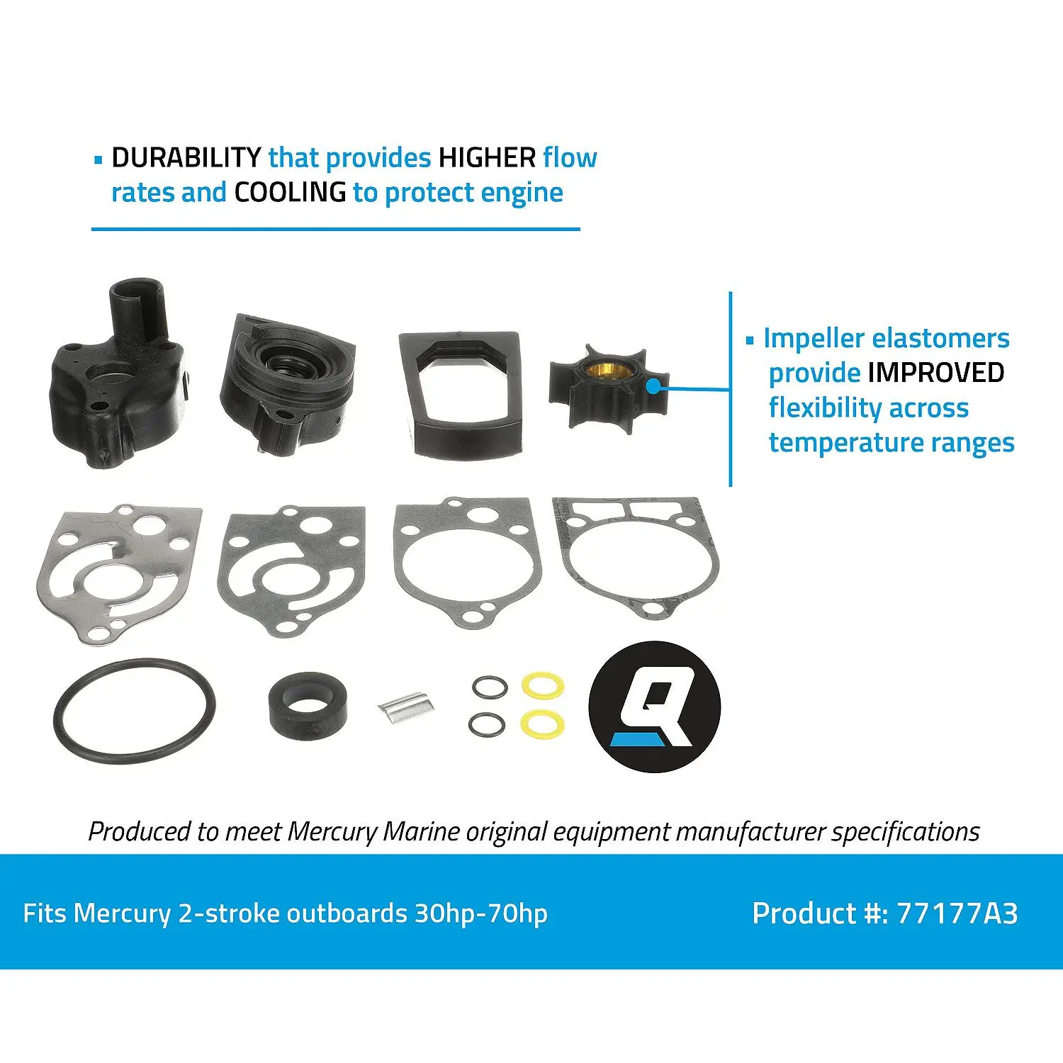 Quicksilver 77177A3 Water Pump Repair Kit for Mercury and Mariner 2-Cycle 30-70hp Outboards - Image 7