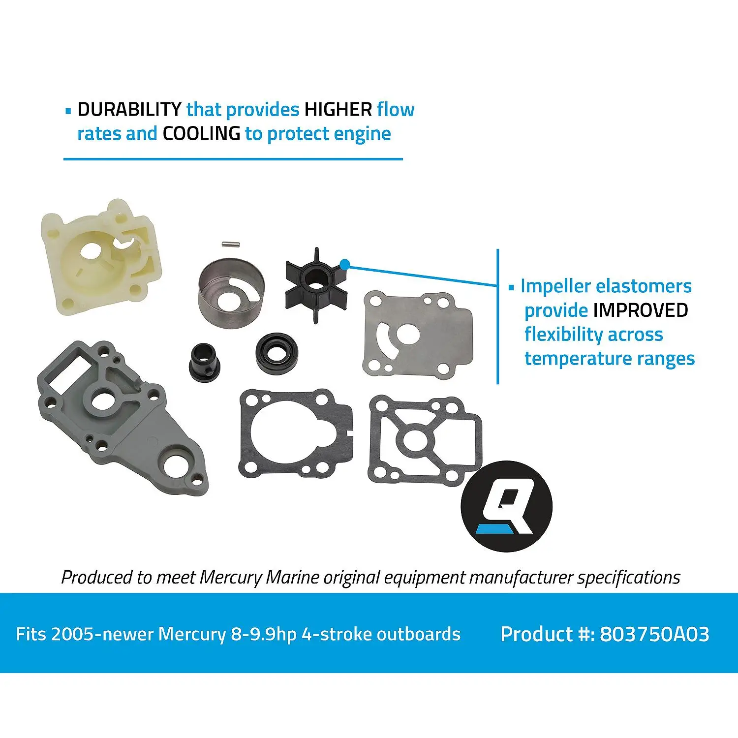 Quicksilver 803750A03 Replacement Water Pump Kit for Mercury and Mariner 8-9.9hp 4-Stroke Outboards - Image 3