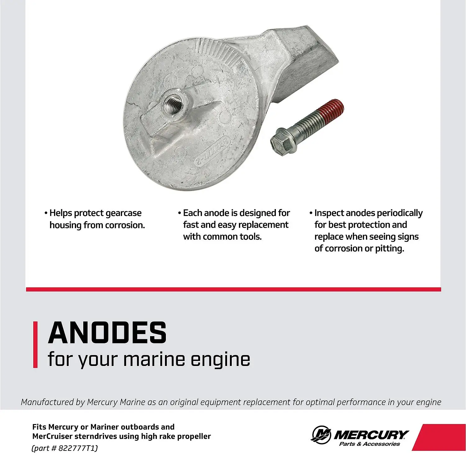 Mercury Aluminum Trim Tab Anode 822777T1 for Mercury and Mariner Outboards and MerCruiser Sterndrives