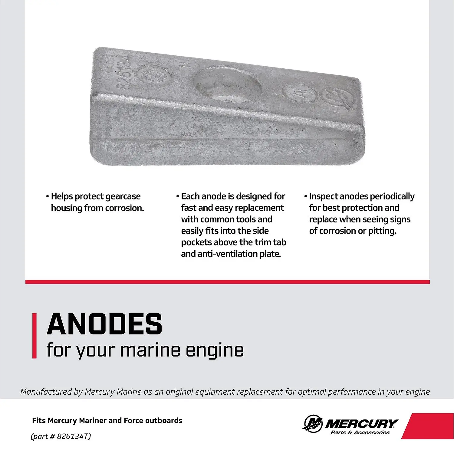 Mercury Side Pocket Aluminum Anode 826134T for Mercury/Mariner 30-300hp Outboards, Plus 1995 and Newer Force 90 and 120hp Outboards