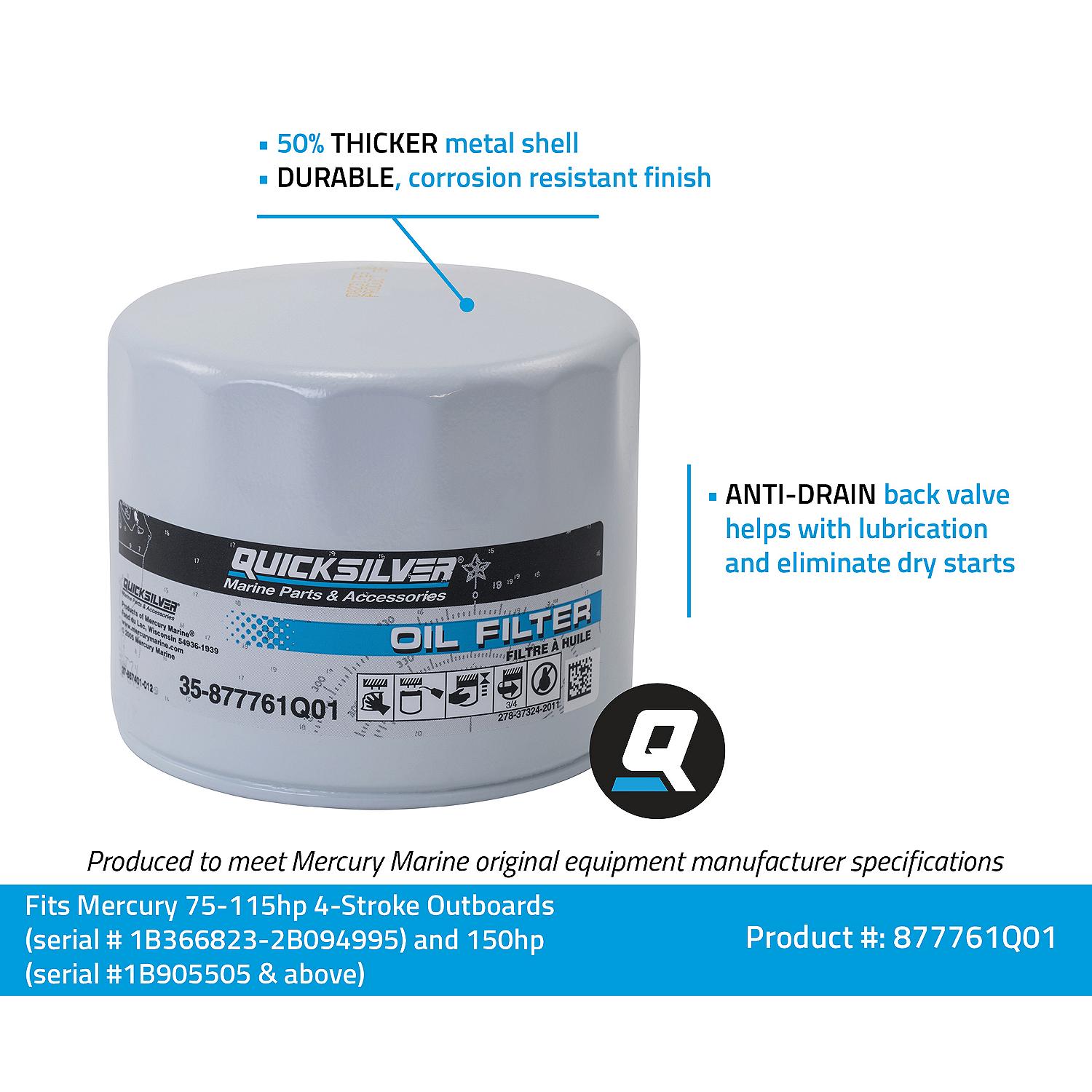 Quicksilver 877761Q01 Oil Filter for Select Mercury and Mariner 75-115hp Outboards and 150hp EFI 4-Stroke Outboards - Image 3