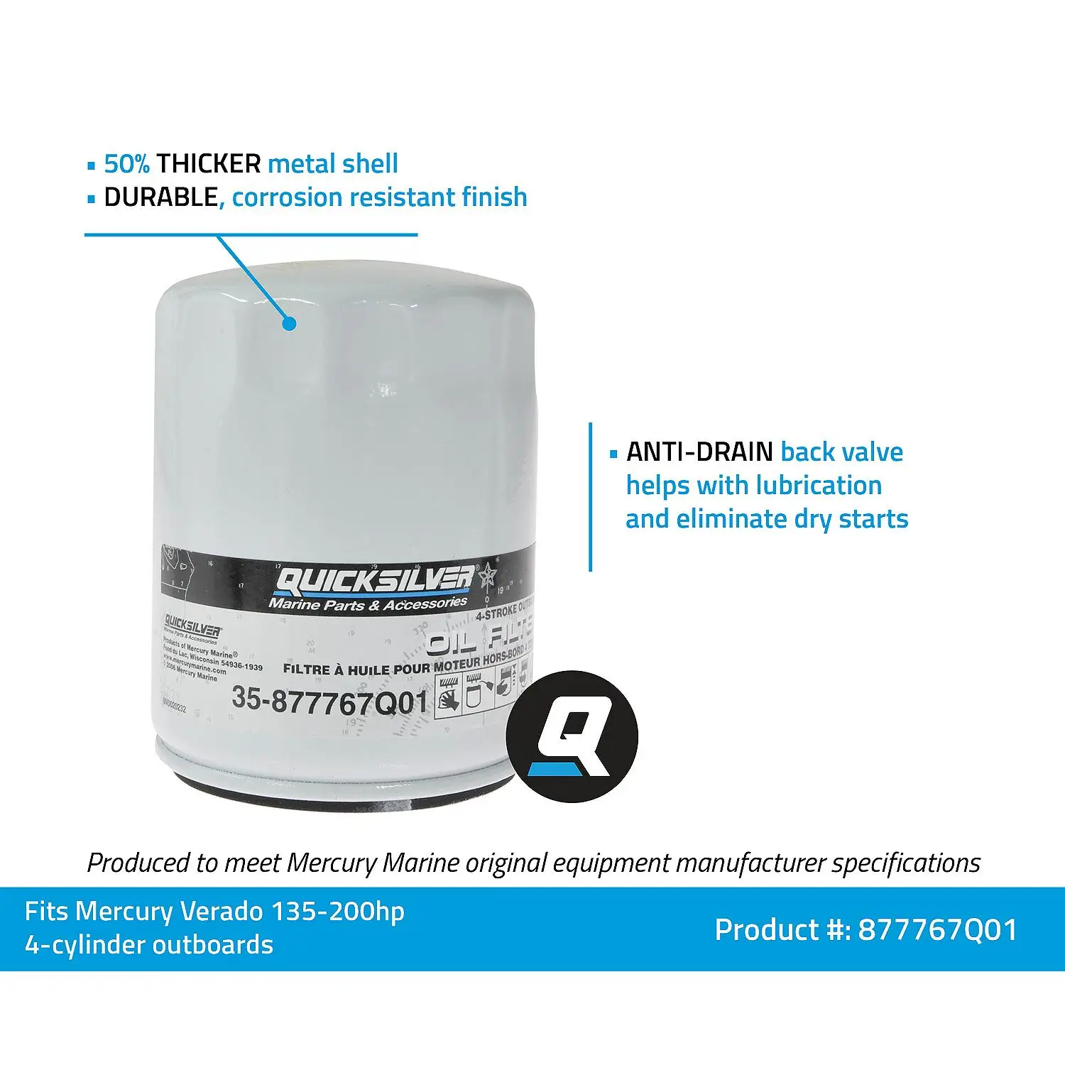 Quicksilver 877767Q01 Oil Filter for Verado Inline 4-Cylinder 135-200hp Outboards - Image 4