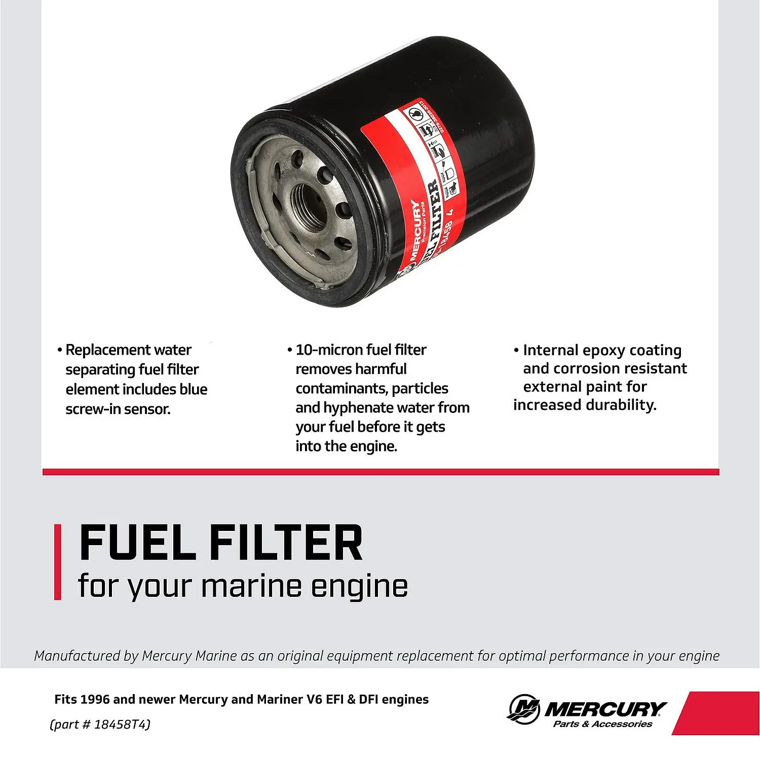 Mercury Water Separating Fuel Filter 18458T4 with Blue Sensor for 1996 and Later Mercury or Mariner V6 EFI/DFI Outboards