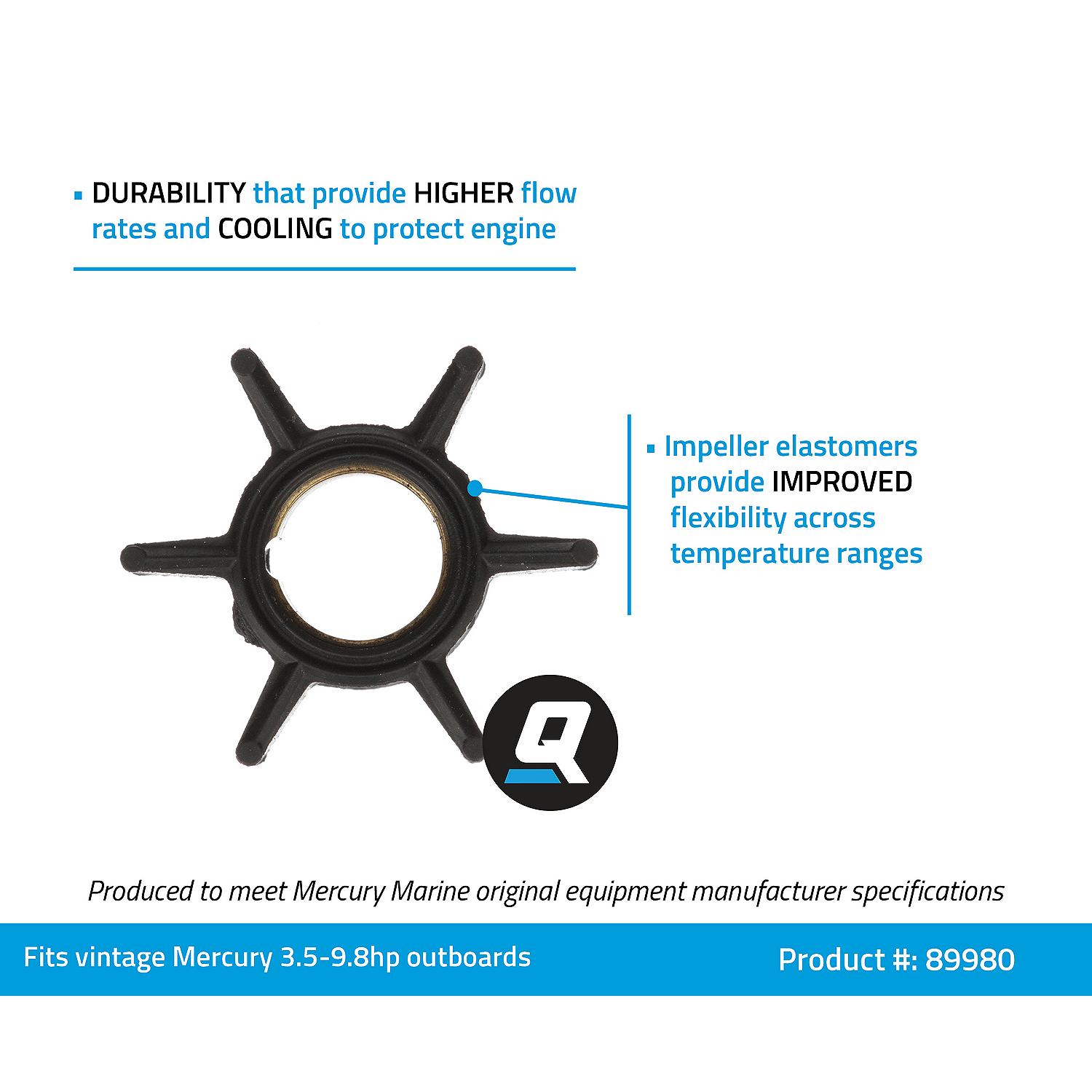 Quicksilver 89980 Water Pump Impeller for Select Vintage Mercury 3.5- 9.8hp, 2-Cycle Outboards