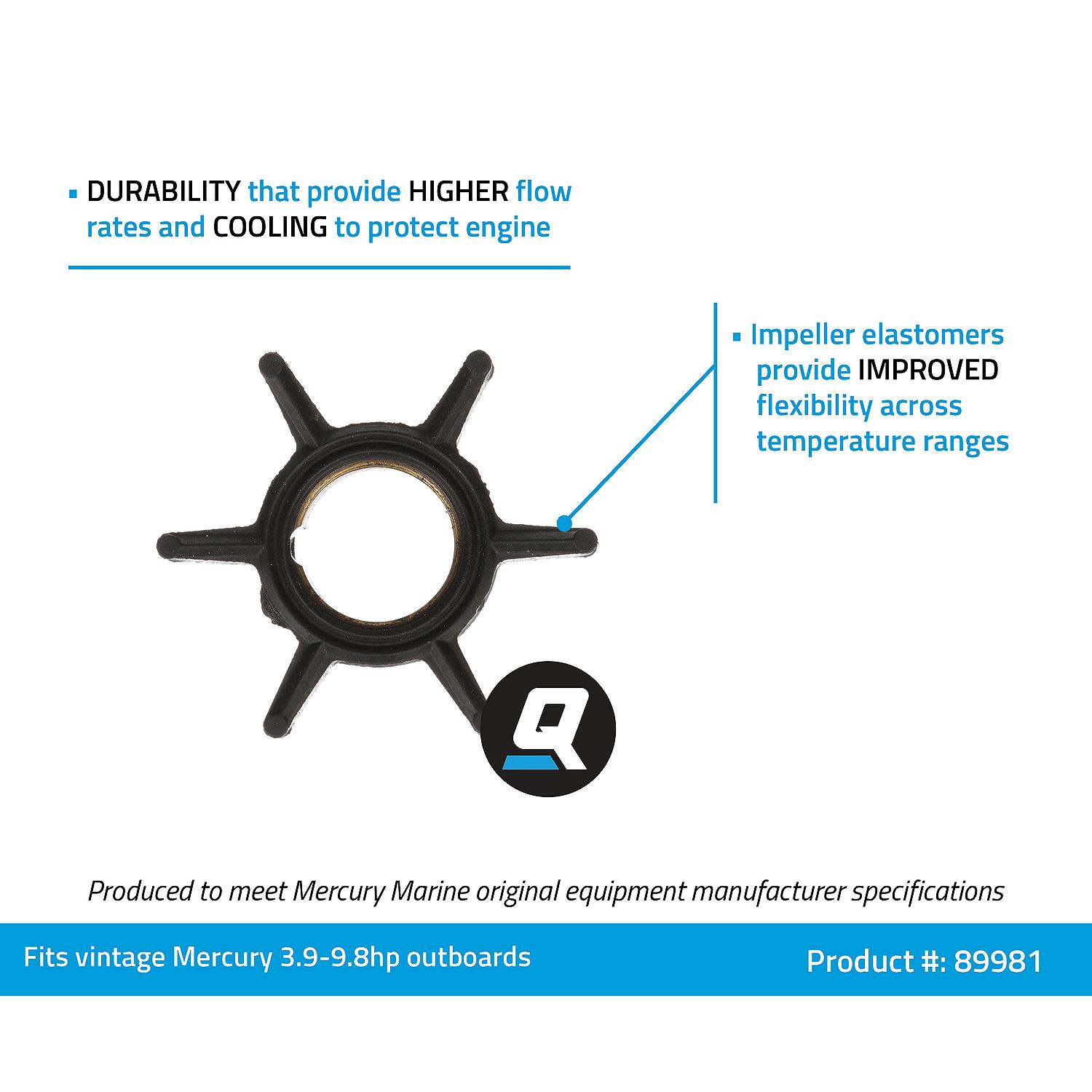 Quicksilver 89981 Water Pump Impeller for Select Vintage Mercury 2-Cycle 3.9.-9.8hp Outboards