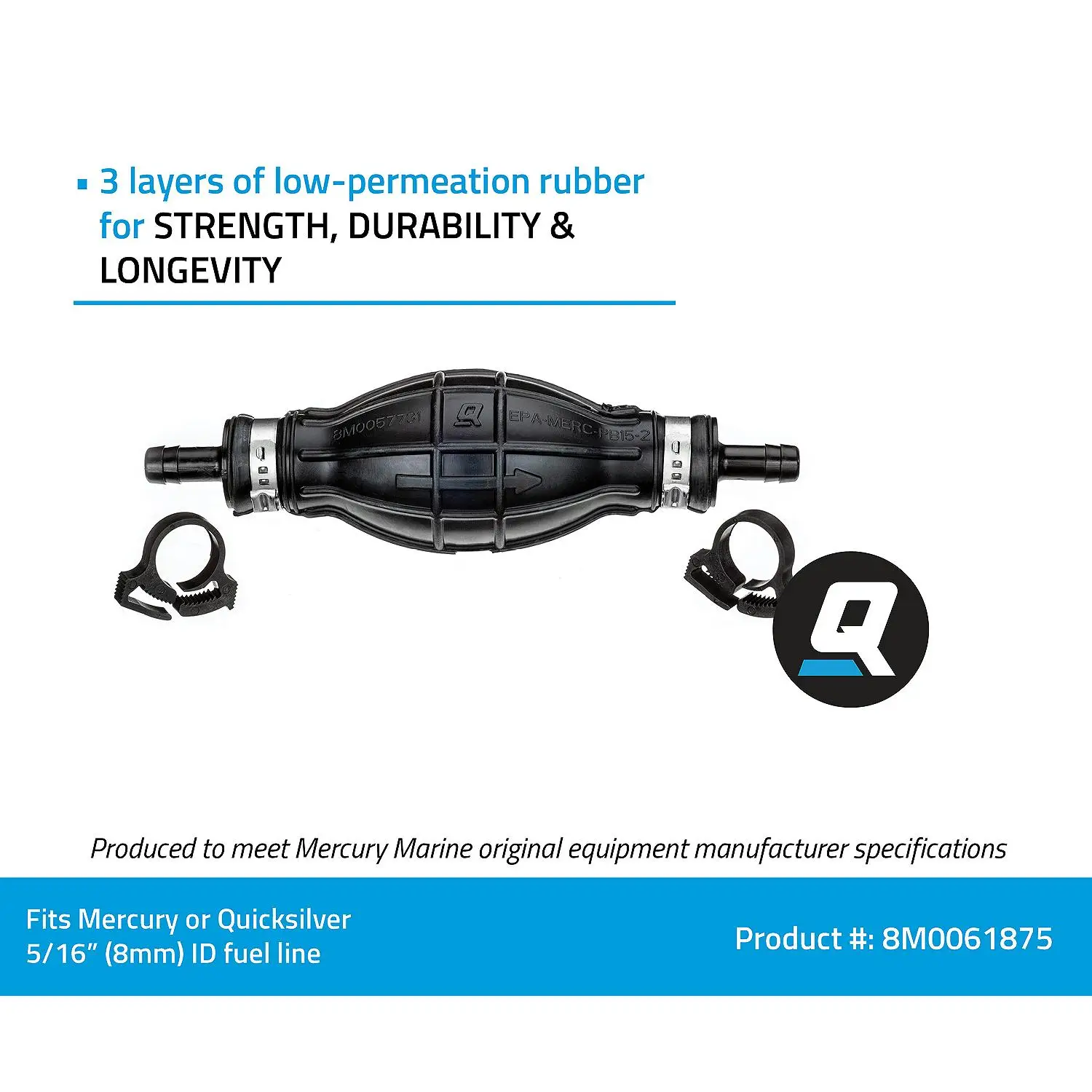 Quicksilver 8M0061875 Primer Bulb w/ 2 Hose Clamps for 5/16 In. (8mm) Fuel Lines - Image 5