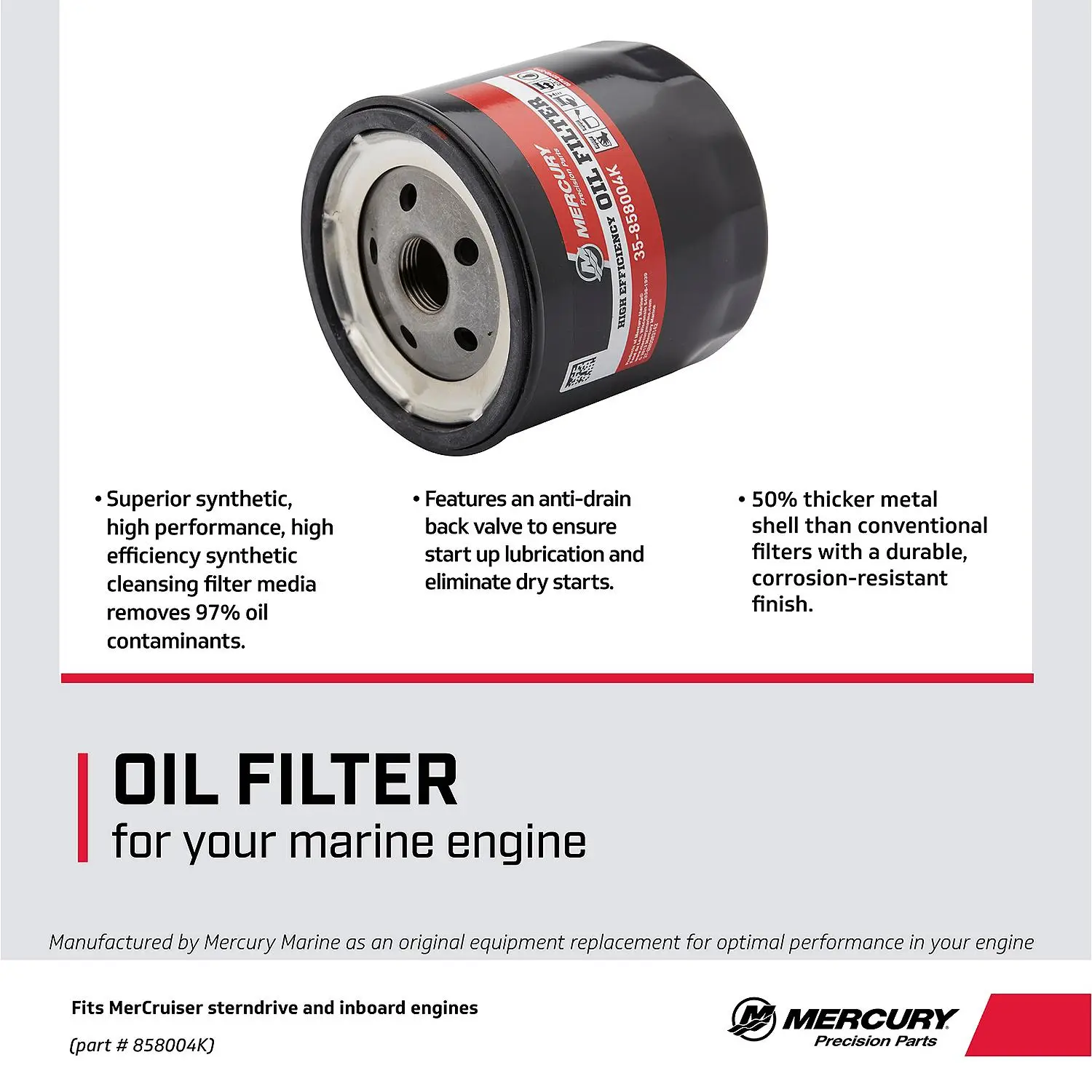 Mercury High Performance Oil Filter 858004K for MerCruiser Sterndrive and Inboard Engines