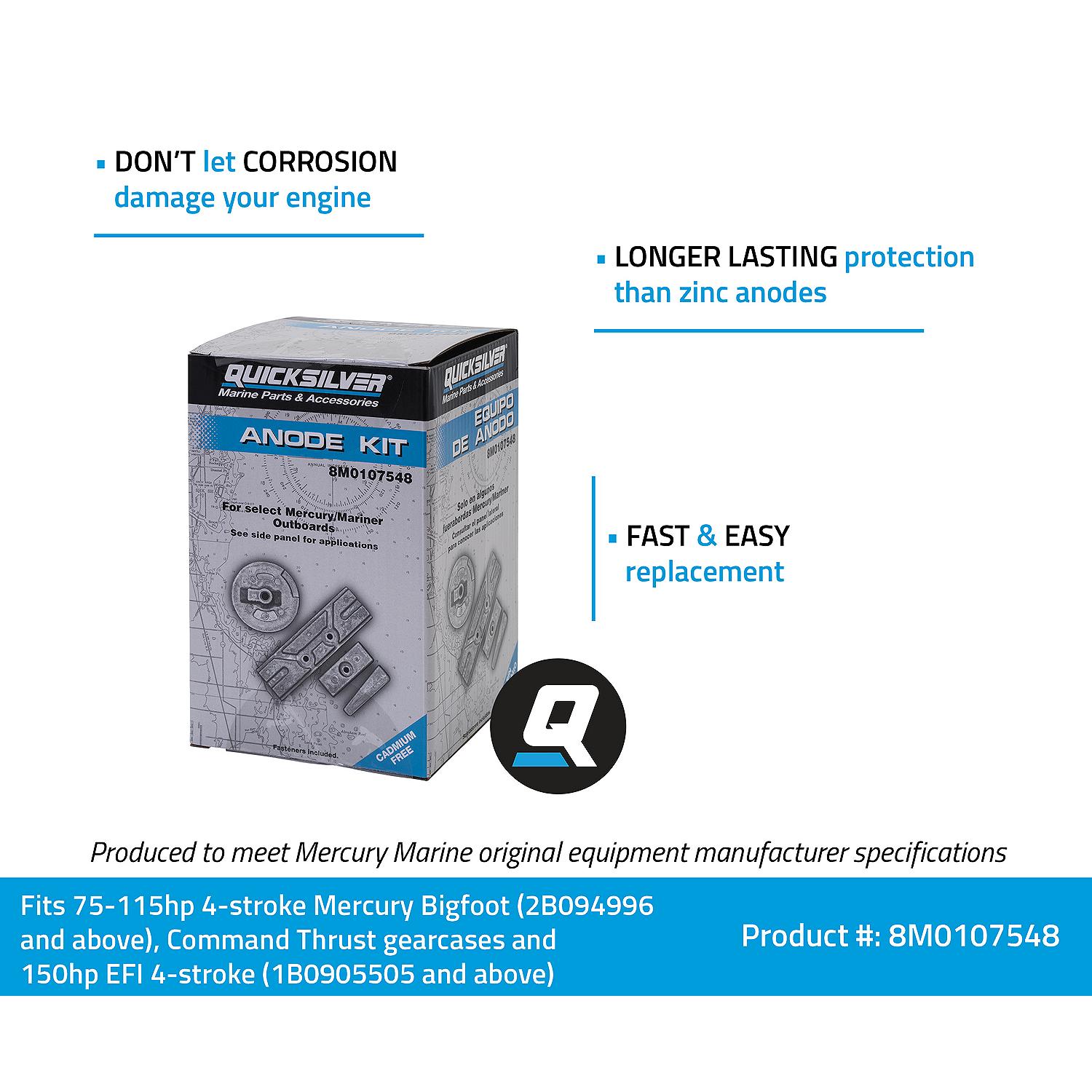 Quicksilver 8M0107548 Aluminum Anode Kit for Select Mercury 75-150hp Outboards - Image 2