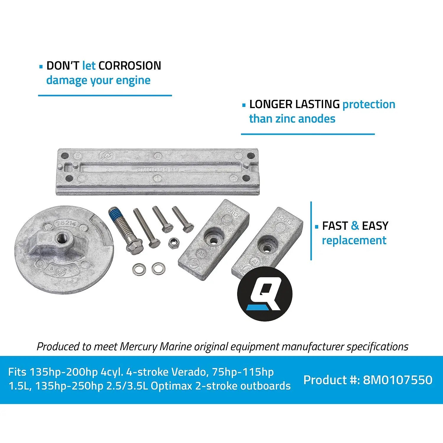 Quicksilver 8M0107550 Aluminum Anode Kit for Mercury Verado and OptiMax Outboards - Image 3