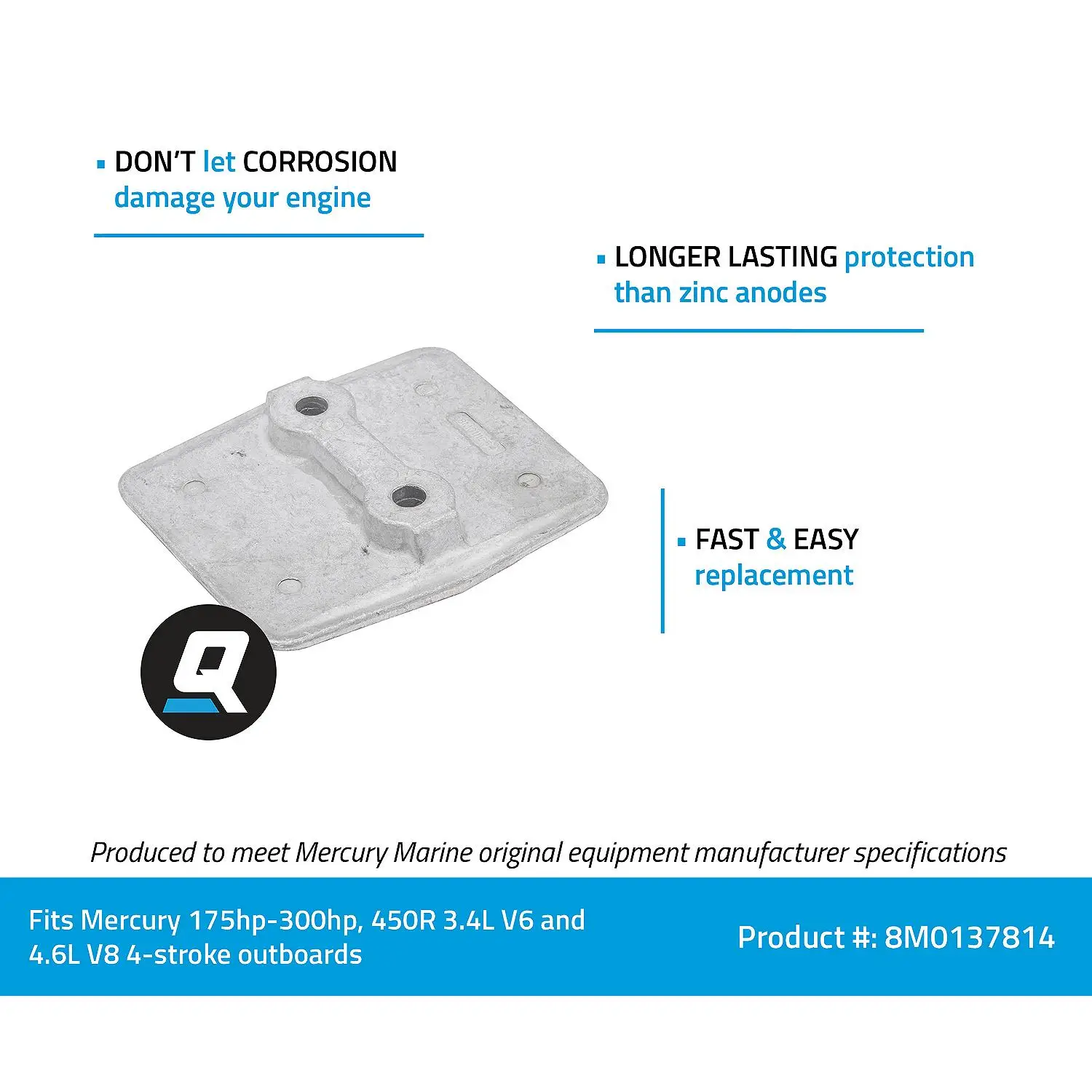 Quicksilver 8M0137814 Anti-Ventilation Plate Anode Kit for Mercury 175-300hp, 450R 3.4L V6 and 4.6L V8 4-Stroke Outboards - Image 5