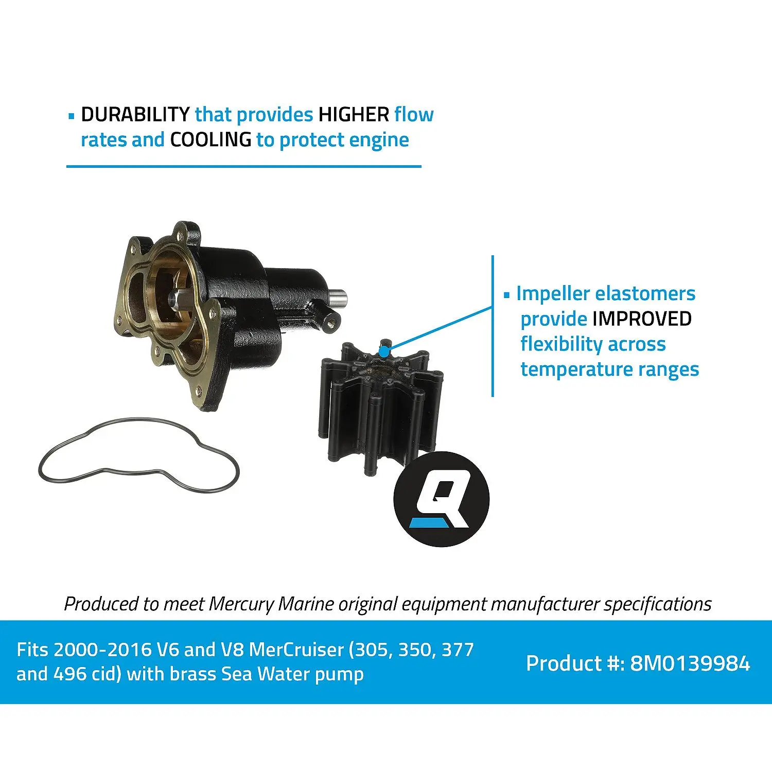 Quicksilver 8M0139984 Brass Water Pump Housing for V6 and V8 MerCruiser Engines: (305, 350 and 496 CID, 2000-2016)