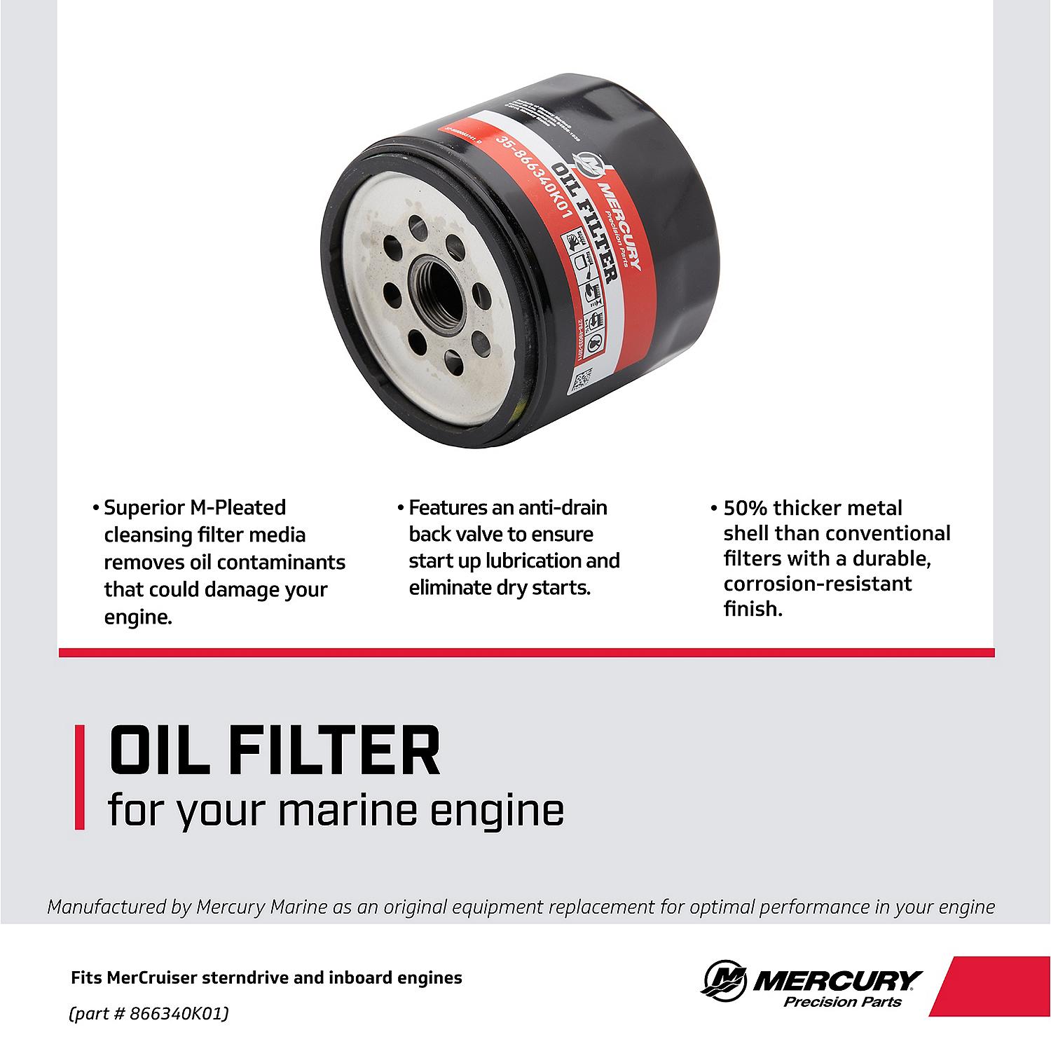 Mercury Oil Filter 866340K01 for MerCruiser Sterndrive and Inboard engines