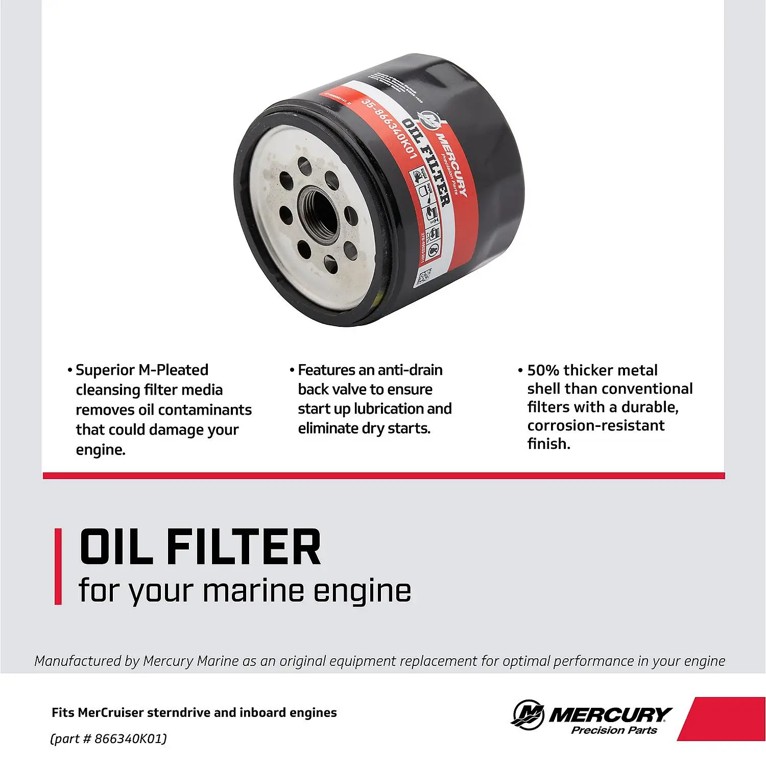 Mercury Oil Filter 866340K01 for MerCruiser Sterndrive and Inboard engines