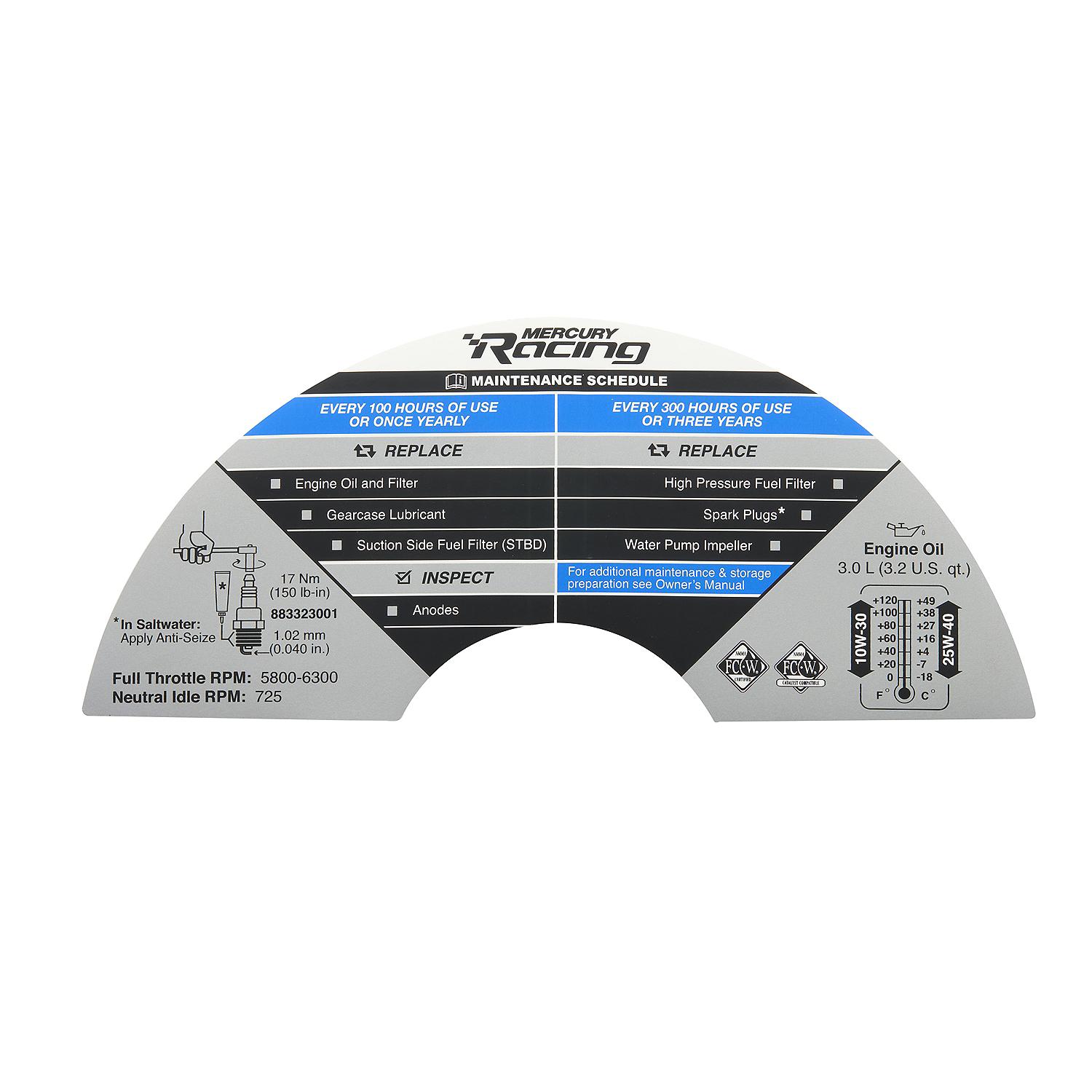 Mercury Maintenance Schedule Decal 8M0171549 for Mercury Racing 60R EFI Outboards