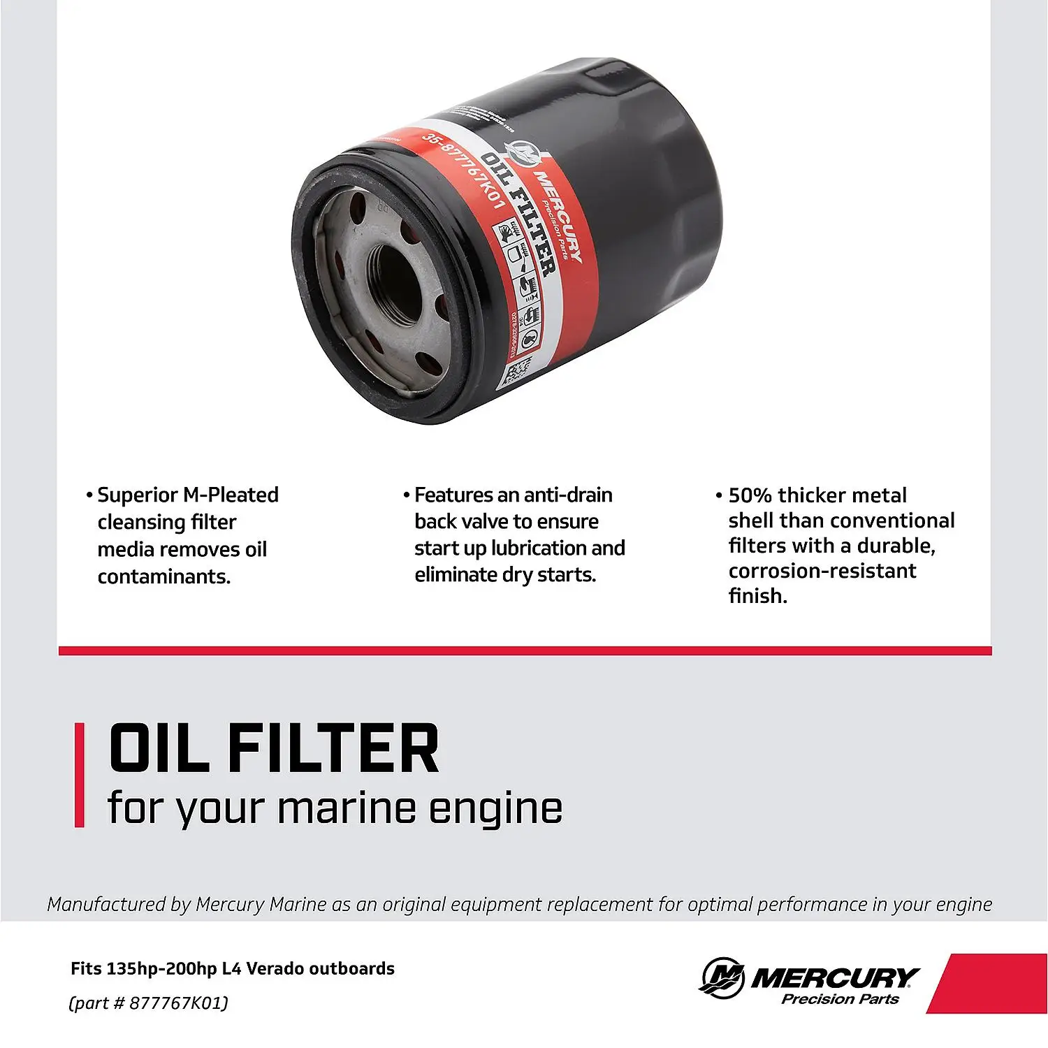 Mercury 4-Stroke Engine Oil Filter 877767K01 for Mercury L4 135-200hp Verado Outboards