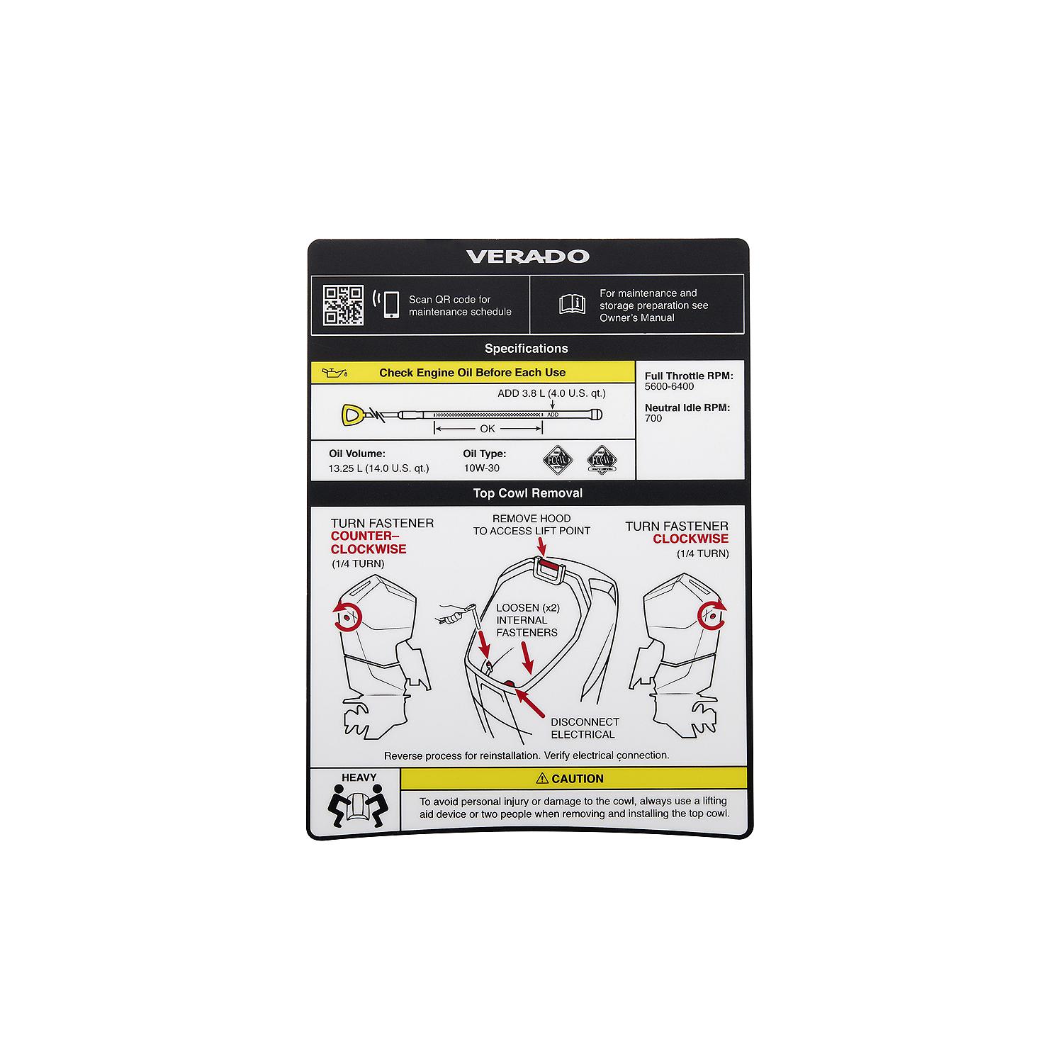 Mercury Maintenance and Cowl Removal Decal 8M0178225 for V12 Verado and SeaPro Outboards