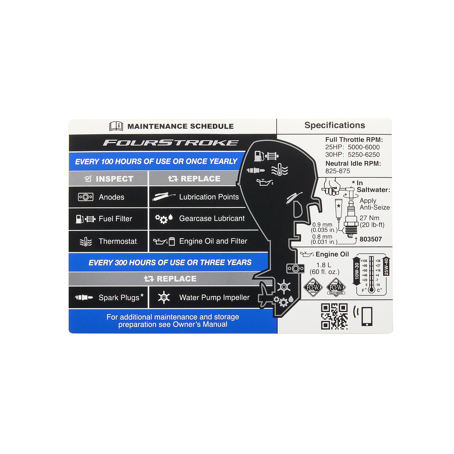 Mercury Maintenance Schedule Decal 8M0180070 for Select Mercury 3-Cyl 30-40hp EFI and 25hp EFI JET Outboards