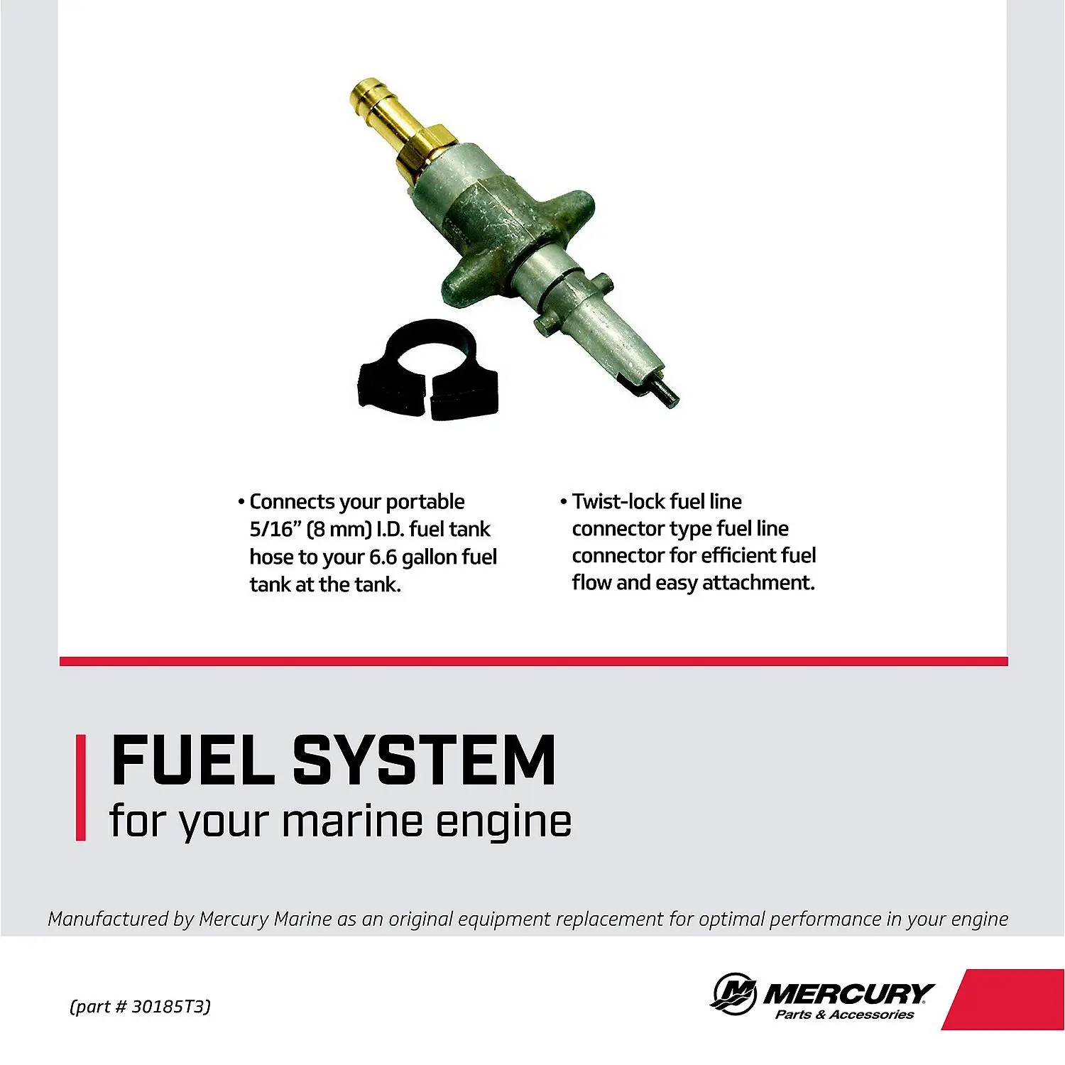 Mercury Fuel Line Connector 30185T3 for Mercury and Mariner TwoStroke Outboards 1971 and Older (Except Mercury 3.9-9.8hp Outboards)