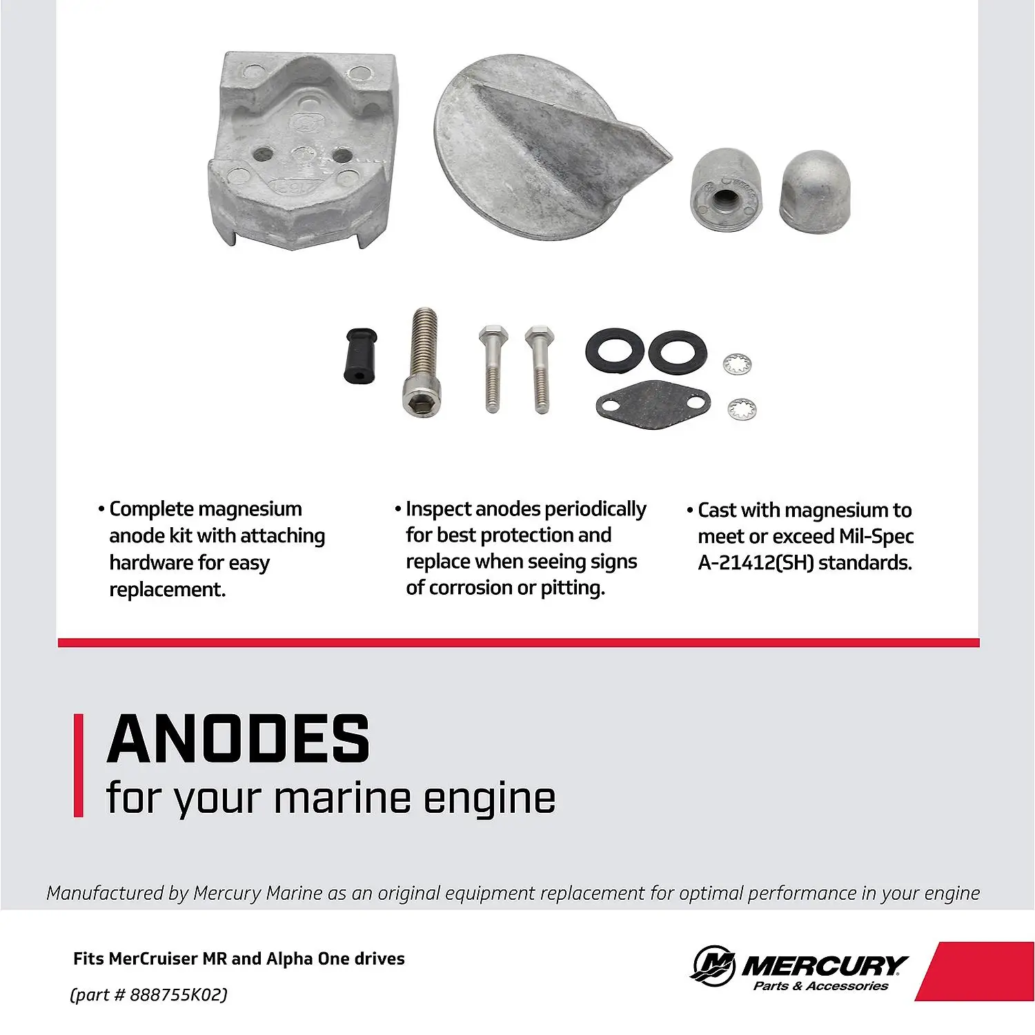 Mercury Magnesium Anode Kit 888755K02 for Select MerCruiser MR and Alpha One Sterndrives