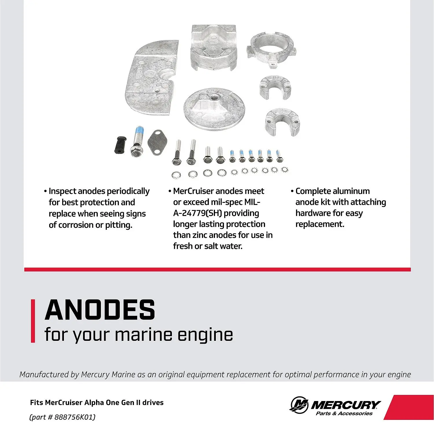 Mercury Aluminum Anode Kit 888756K01 for Alpha One Gen II Sterndrives