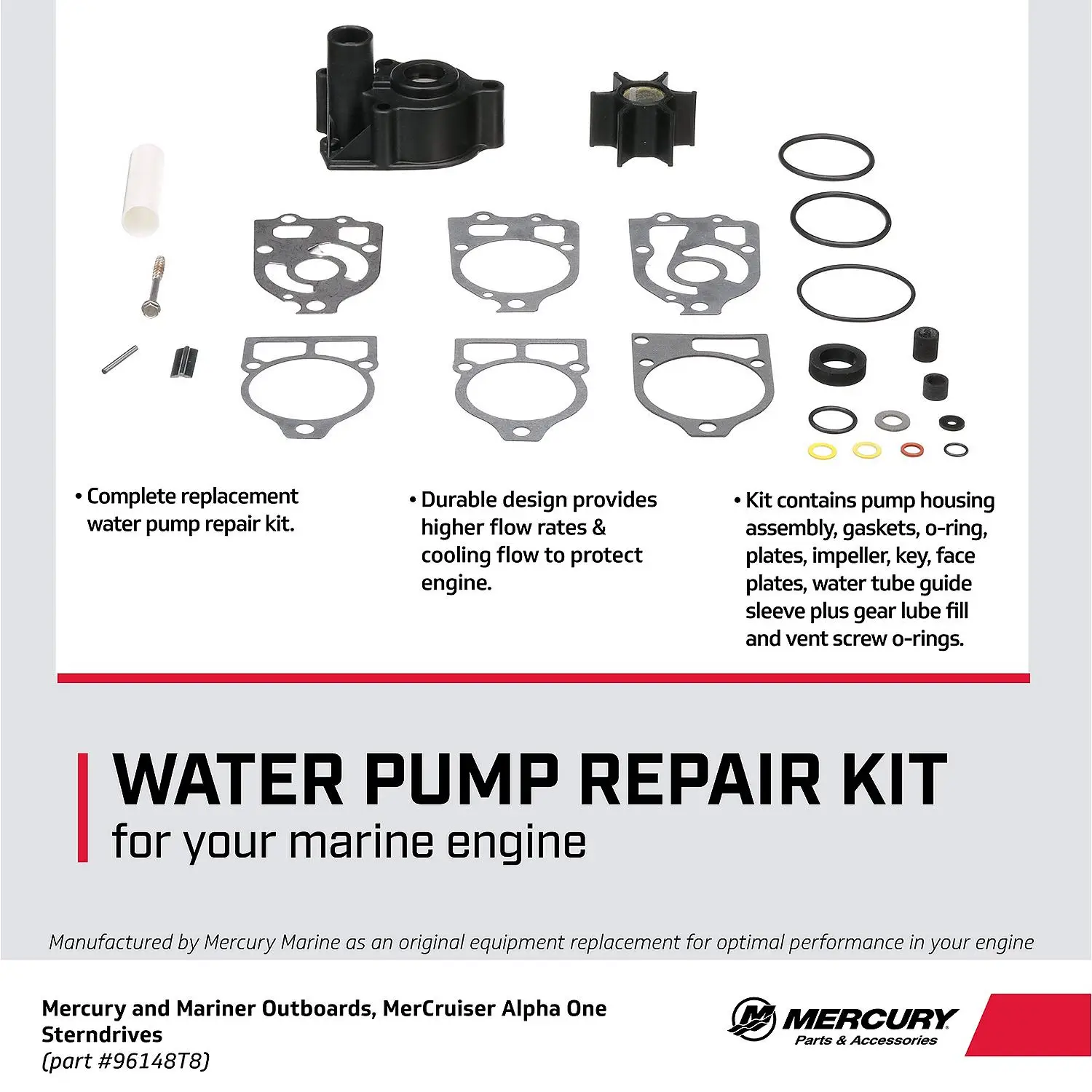Mercury Water Pump Upper Repair Kit 96148T8 for Mercury and Mariner 4-Cylinder 65hp Through V6 Outboards