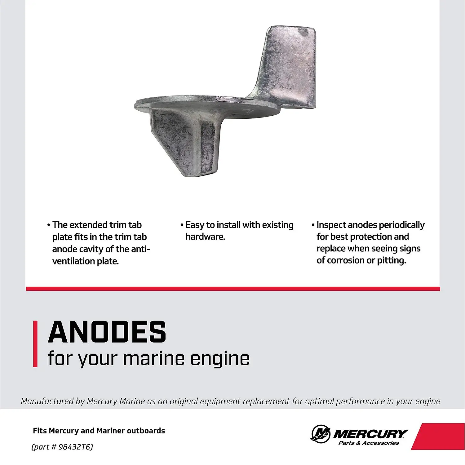 Mercury Zinc Trim Tab Anode Plate 98432T6 for Mercury and Mariner Outboards