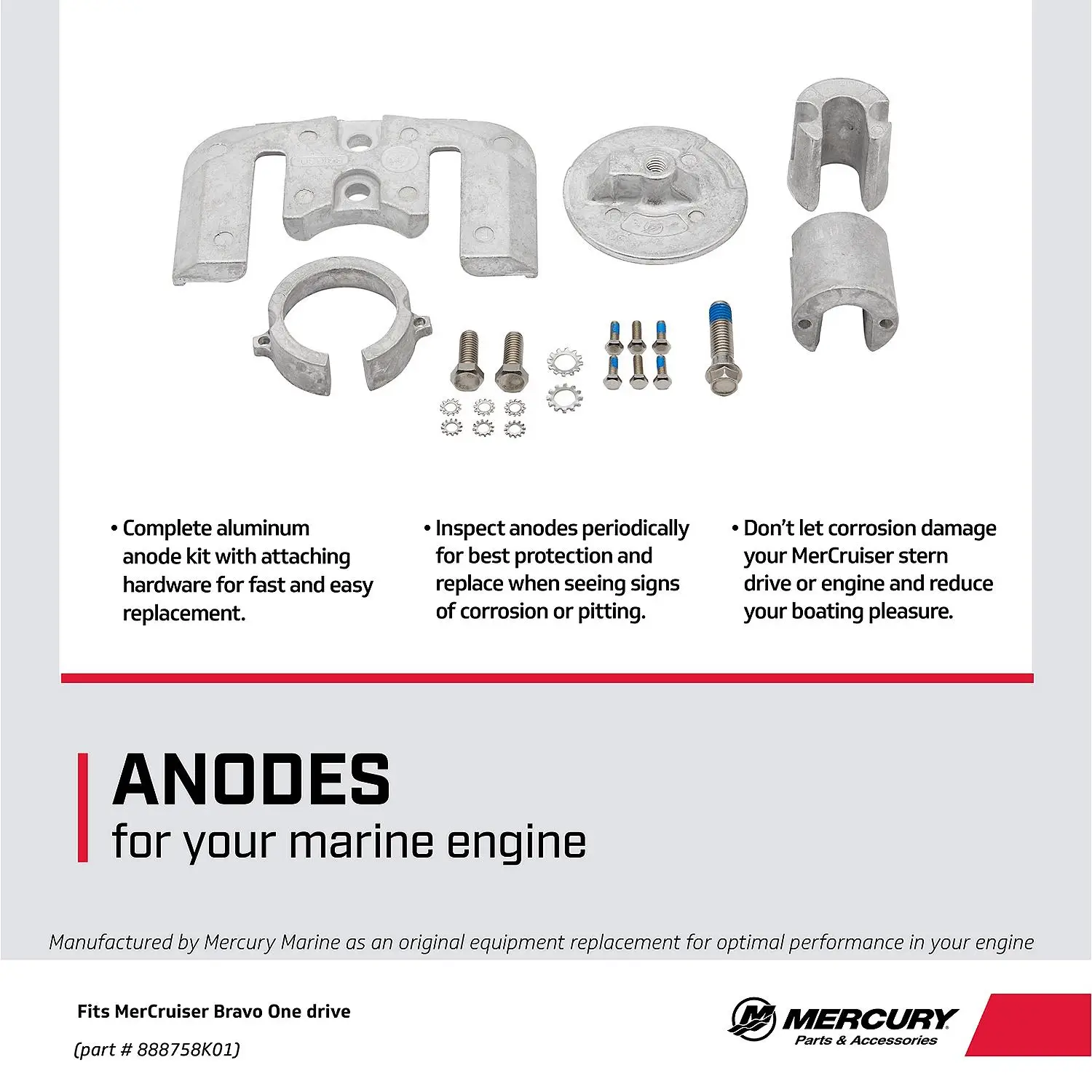 Mercury Aluminum Anode Kit 888758K01 for Select MerCruiser Bravo One Sterndrives