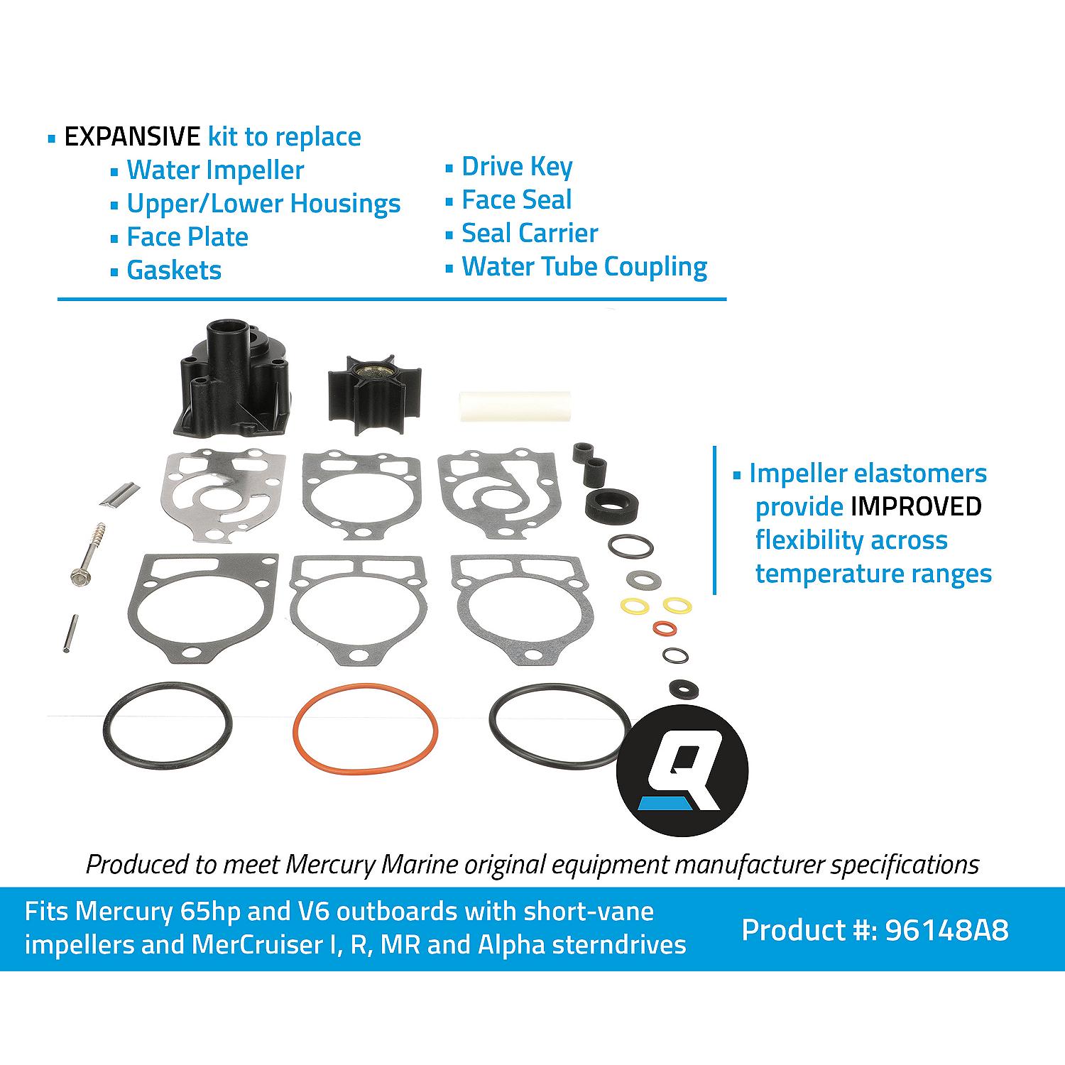 Quicksilver 96148A8 Water Pump Repair Kit for Outboard and Sterndrive, Mercury and Mariner 65hp (4-Cylinder) Through V6 Outboards w/ Short-Vane Impellers - Image 5
